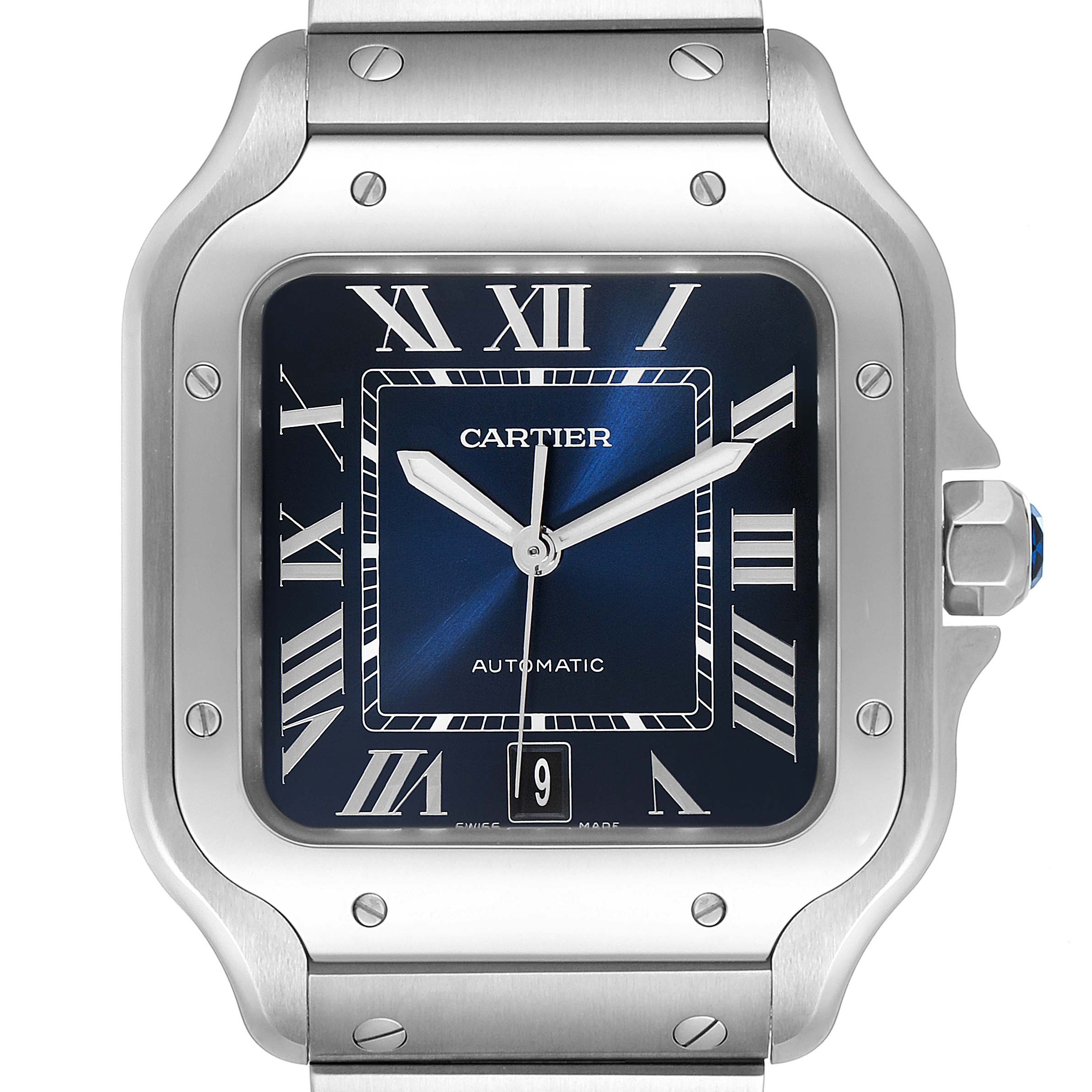 This image shows a close-up front view of the Santos de Cartier watch, highlighting the dial, hands, and part of the bracelet.