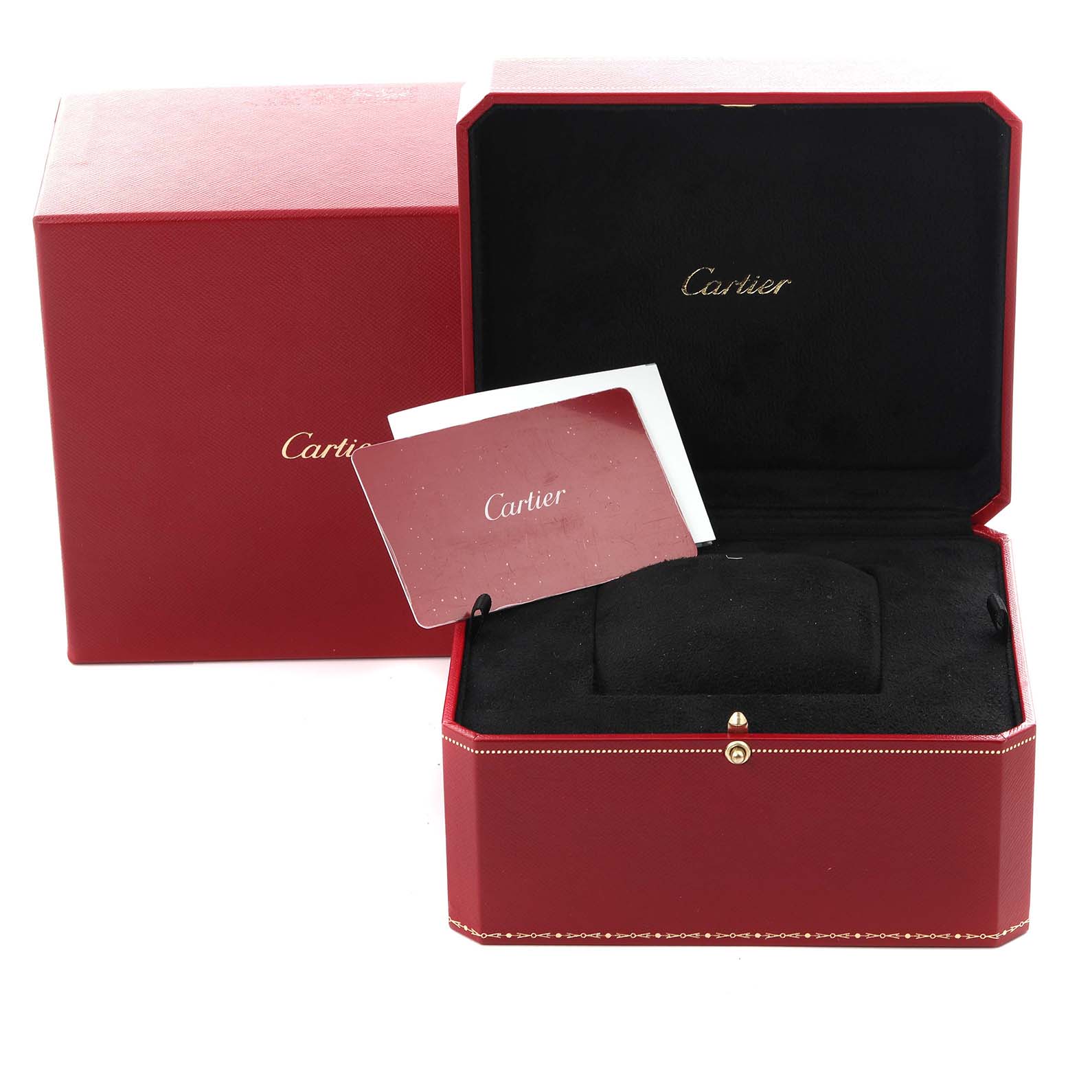 The image shows a Cartier Santos Dumont W2SA0025 Men
s Steel and Gold (two tone) Pink Dial W2SA0025 Men
s Steel and Gold (two tone) Pink Dial watch box and a branded card, with the box opened to reveal a black interior.