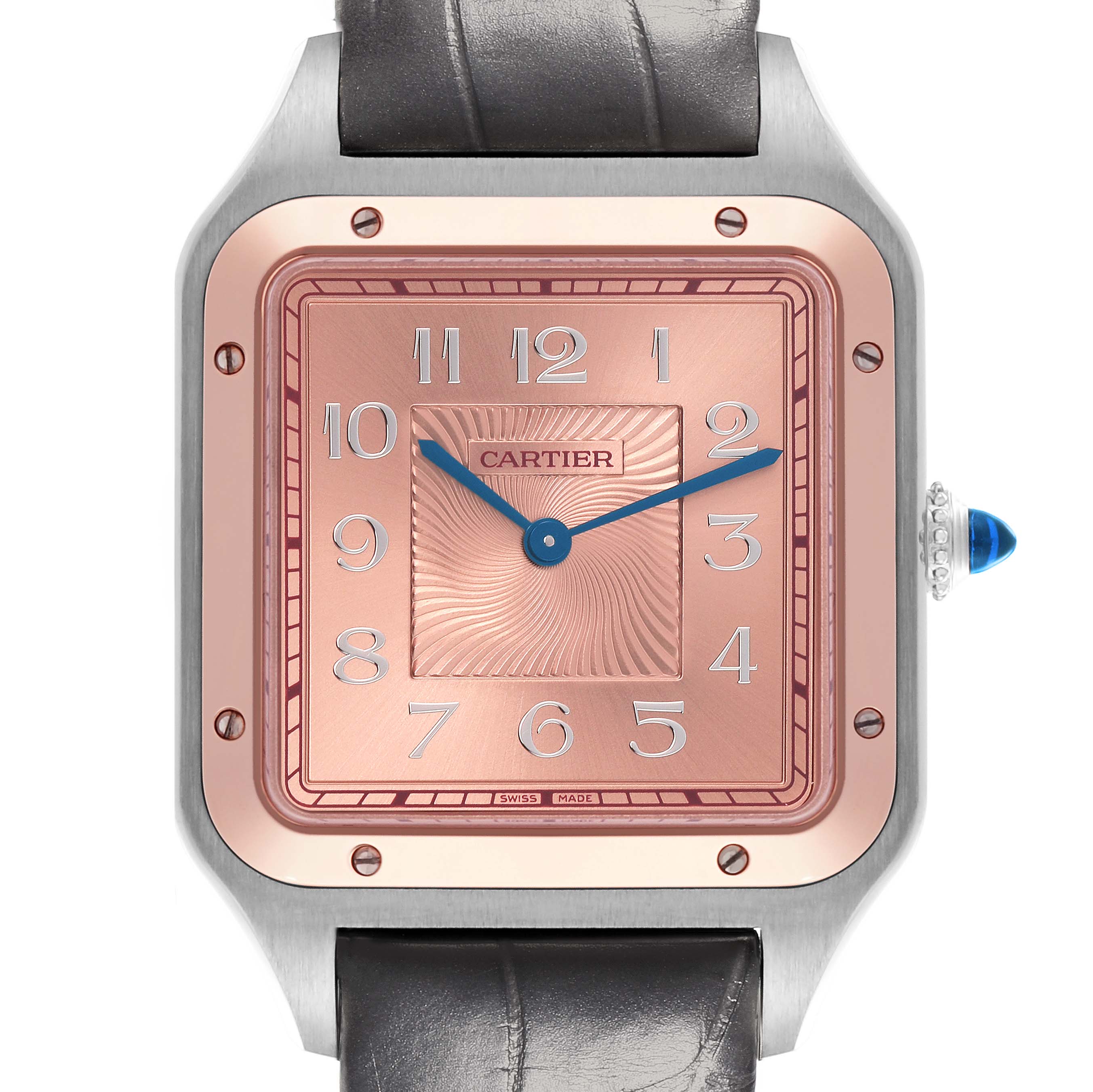 The Cartier Santos Dumont W2SA0025 Men
s Steel and Gold (two tone) Pink Dial W2SA0025 Men
s Steel and Gold (two tone) Pink Dial watch is shown from the front, highlighting its square face, pink dial, and blue hands.
