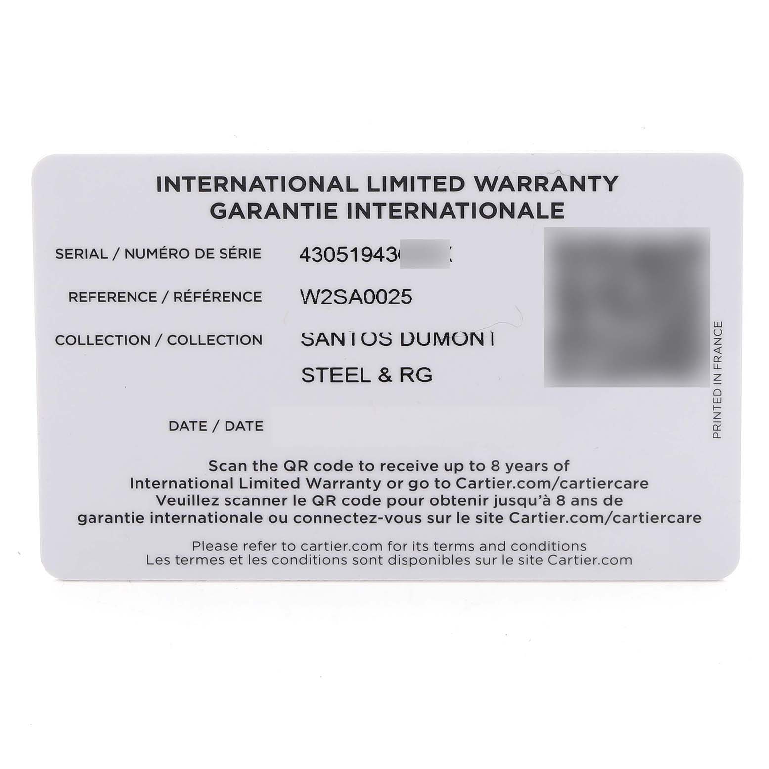 This image shows the international warranty card for a Cartier Santos Dumont W2SA0025 Men
s Steel and Gold (two tone) Pink Dial W2SA0025 Men
s Steel and Gold (two tone) Pink Dial watch, detailing its serial and reference numbers.