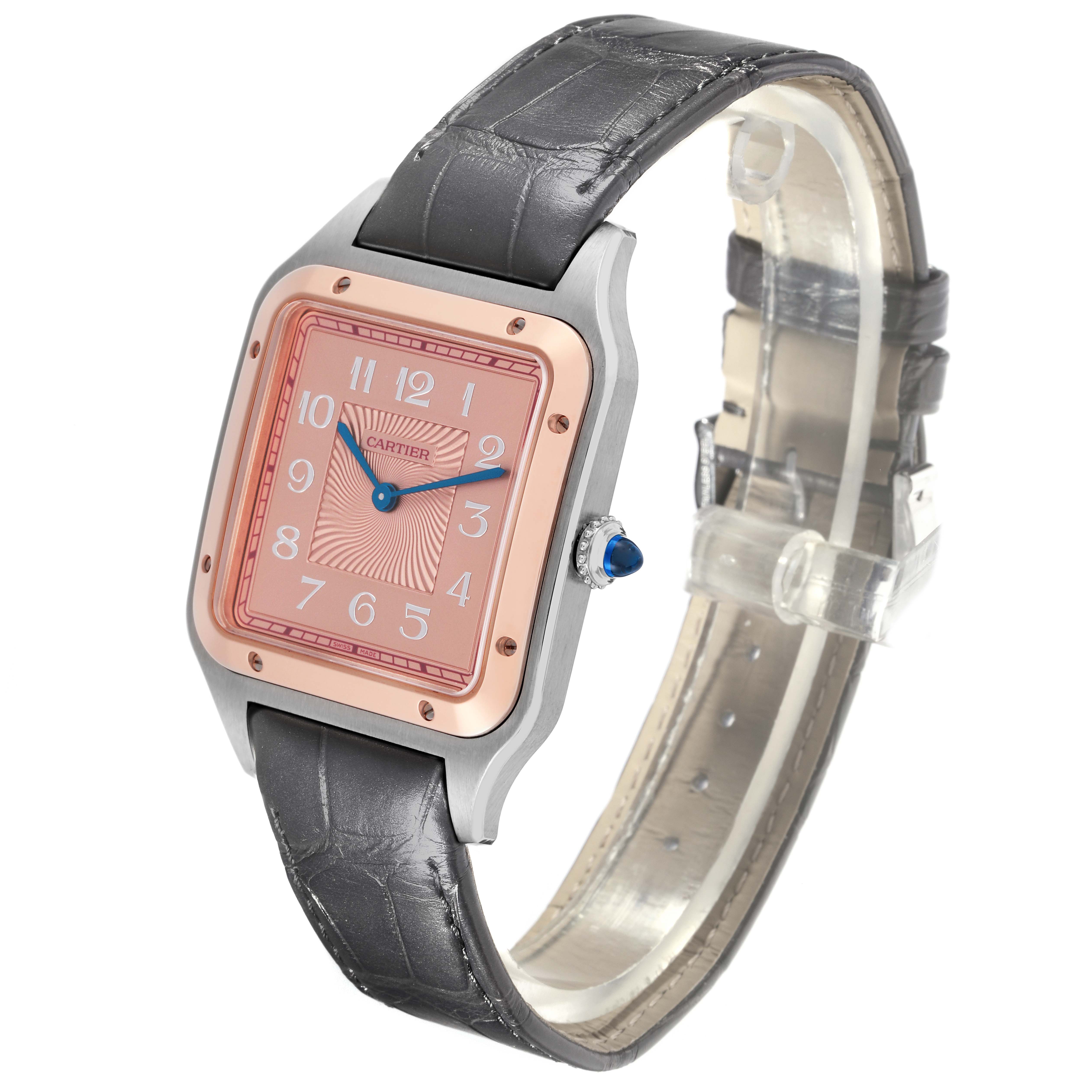 The image shows a Cartier Santos Dumont W2SA0025 Men
s Steel and Gold (two tone) Pink Dial W2SA0025 Men
s Steel and Gold (two tone) Pink Dial watch at a slight angle, highlighting the face, case, crown, and leather strap.