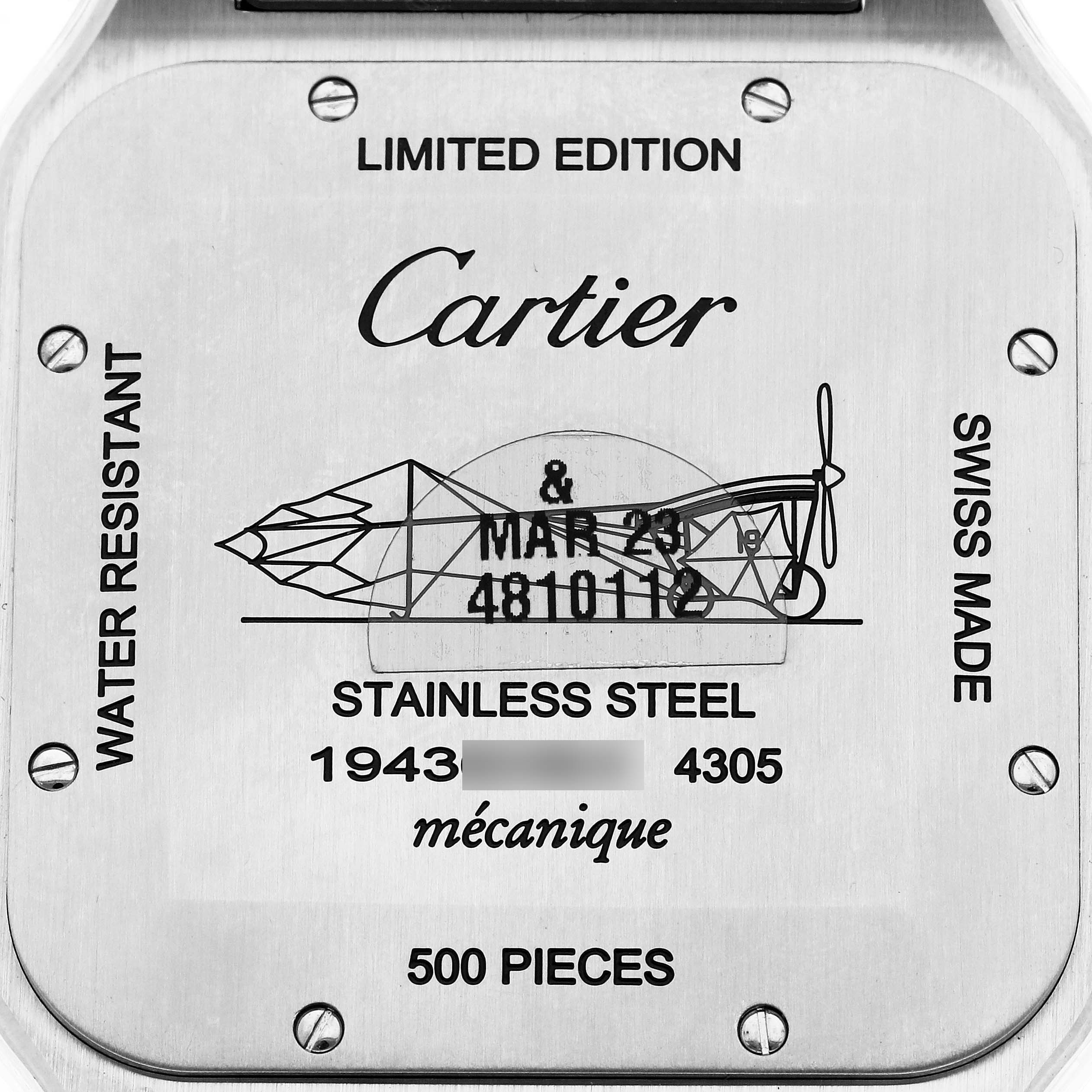 The image shows the back of a Cartier Santos Dumont W2SA0025 Men
s Steel and Gold (two tone) Pink Dial W2SA0025 Men
s Steel and Gold (two tone) Pink Dial watch, highlighting its limited edition engraving and design details.