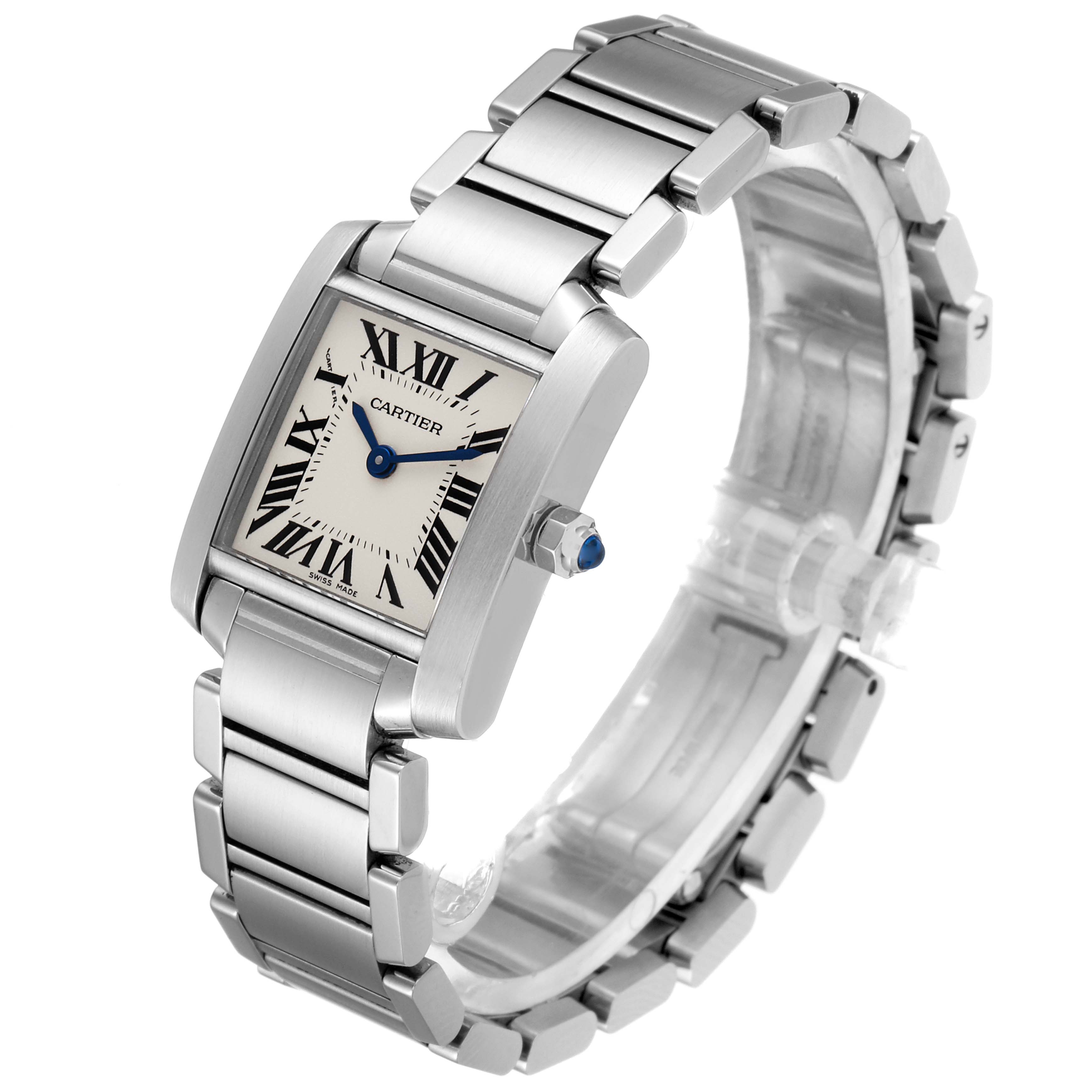 The image shows a Cartier Tank Francaise W51008Q3 Women's Stainless Steel Silver Dial W51008Q3 Women's Stainless Steel Silver Dial watch, angled to display the face, crown, and band.