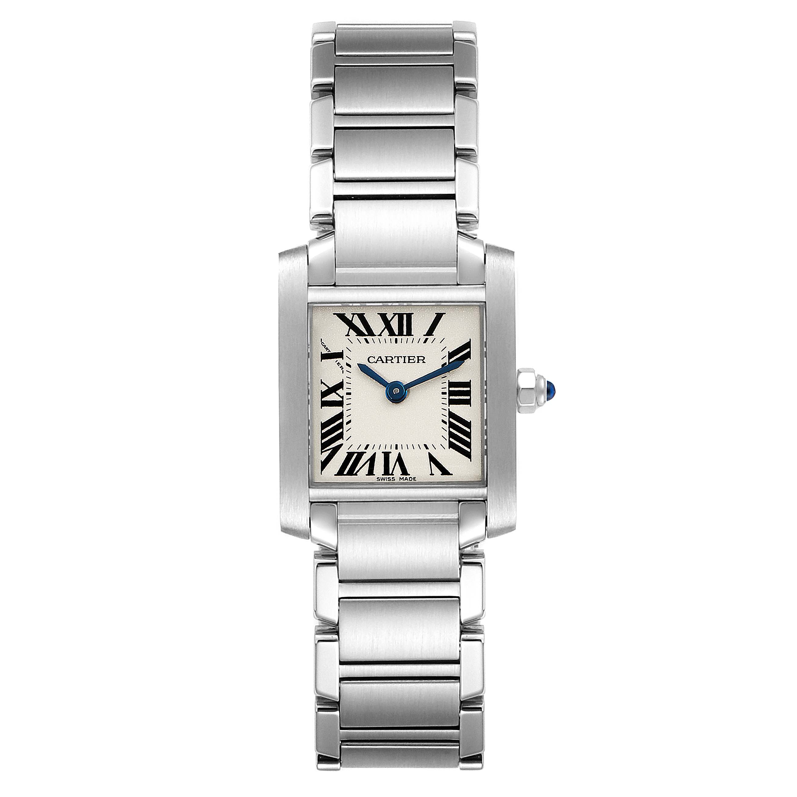 The Cartier Tank Francaise W51008Q3 Women's Stainless Steel Silver Dial W51008Q3 Women's Stainless Steel Silver Dial watch is shown from the front, displaying its face, dial, and bracelet.