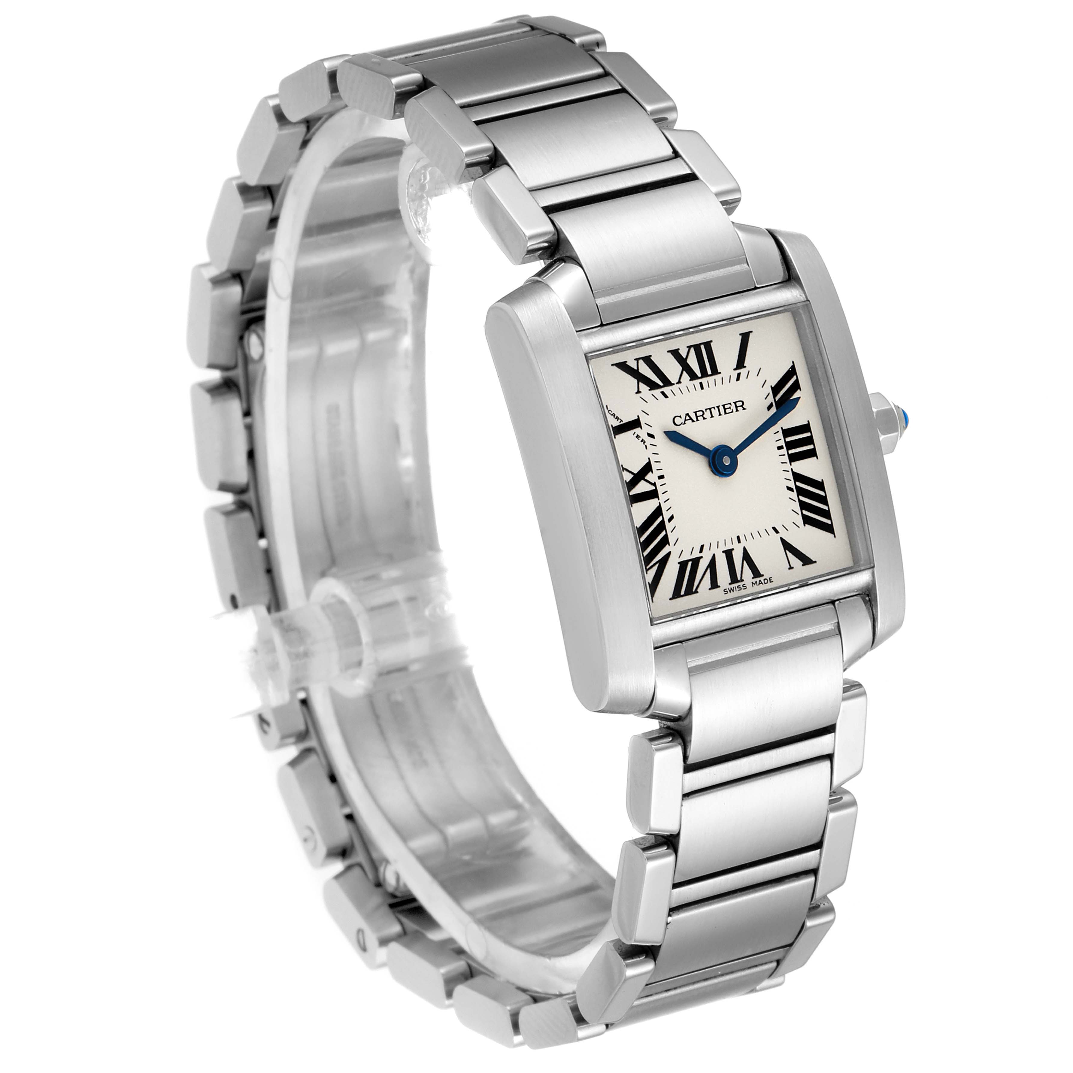 The image shows a silver Cartier Tank Française watch at a three-quarter angle, highlighting its rectangular face and metal bracelet.