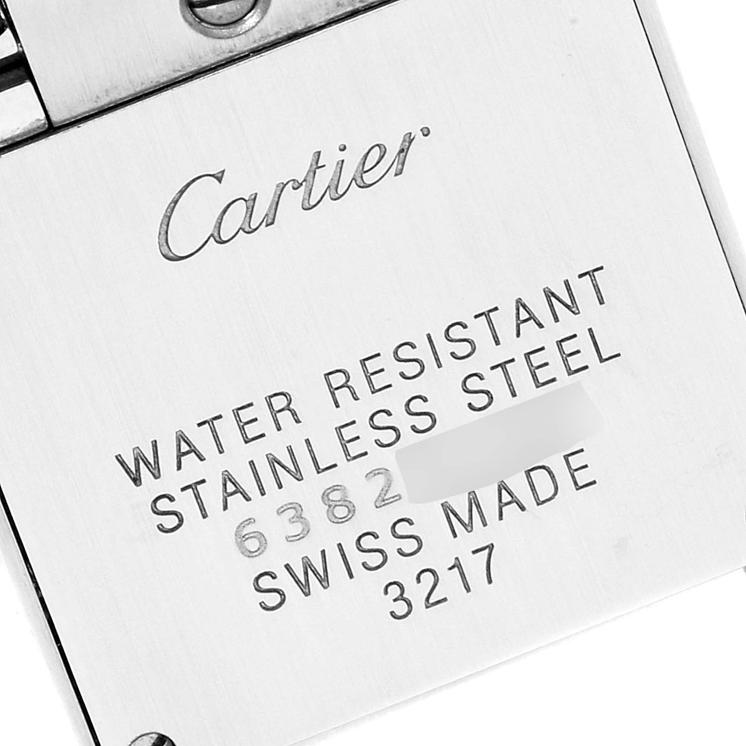 The image shows the back case of a Cartier Tank Francaise W51008Q3 Women's Stainless Steel Silver Dial W51008Q3 Women's Stainless Steel Silver Dial watch, detailing water resistance and material information.