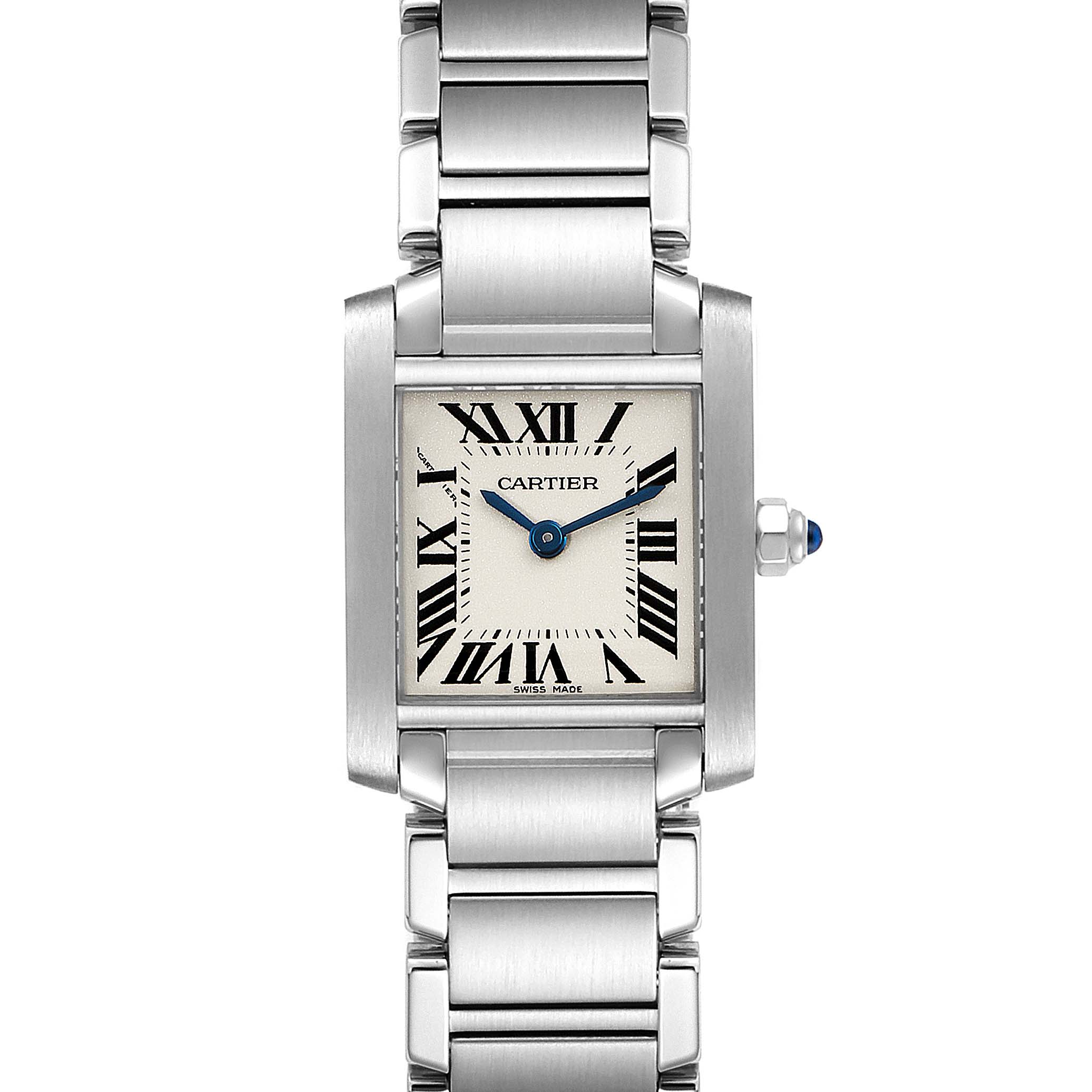 The image shows a frontal view of the Cartier Tank Francaise W51008Q3 Women's Stainless Steel Silver Dial W51008Q3 Women's Stainless Steel Silver Dial watch featuring its rectangular face, Roman numerals, and metallic bracelet.