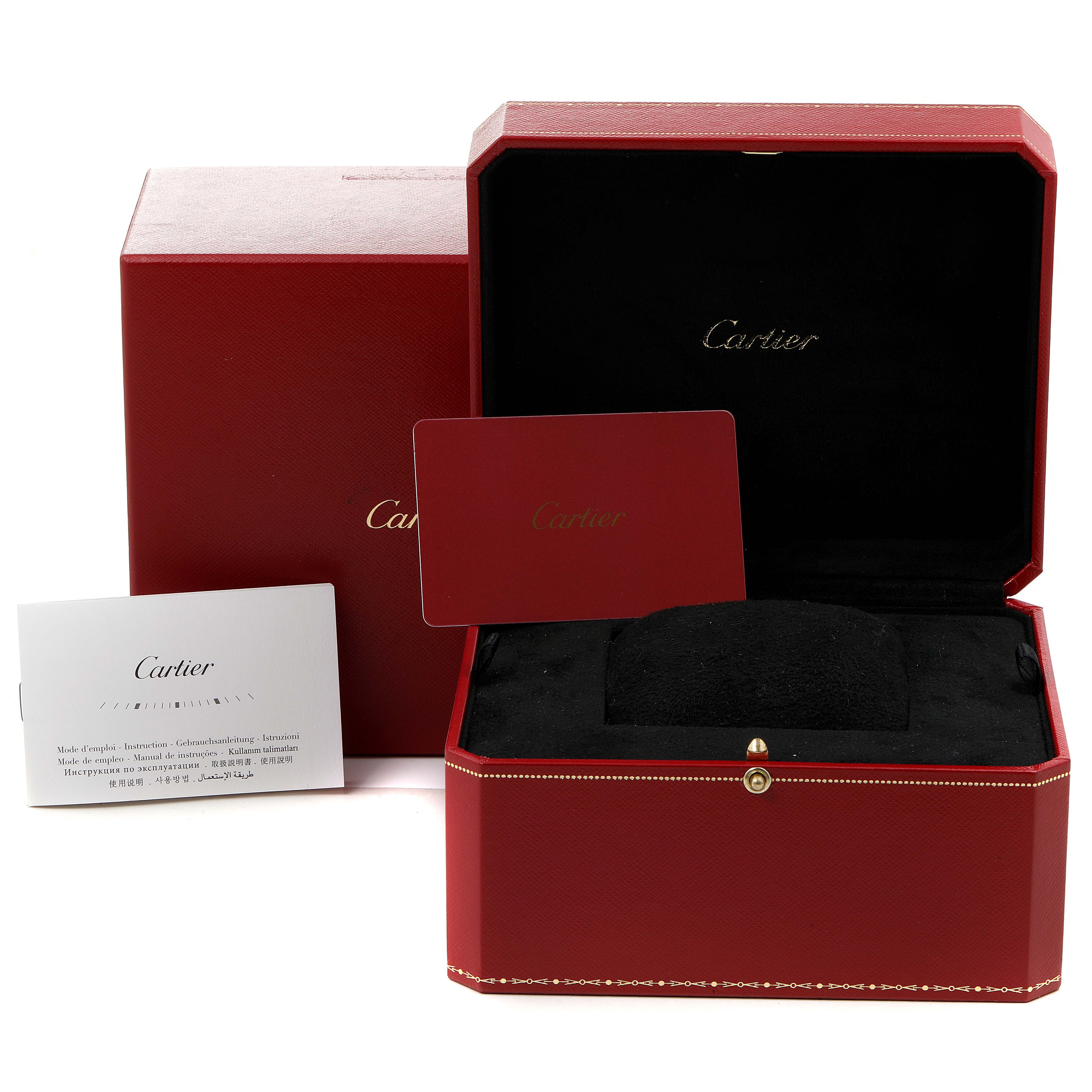 The image shows the watch box, outer box, and warranty card for the Cartier Tank Francaise W51008Q3 Women's Stainless Steel Silver Dial W51008Q3 Women's Stainless Steel Silver Dial model.