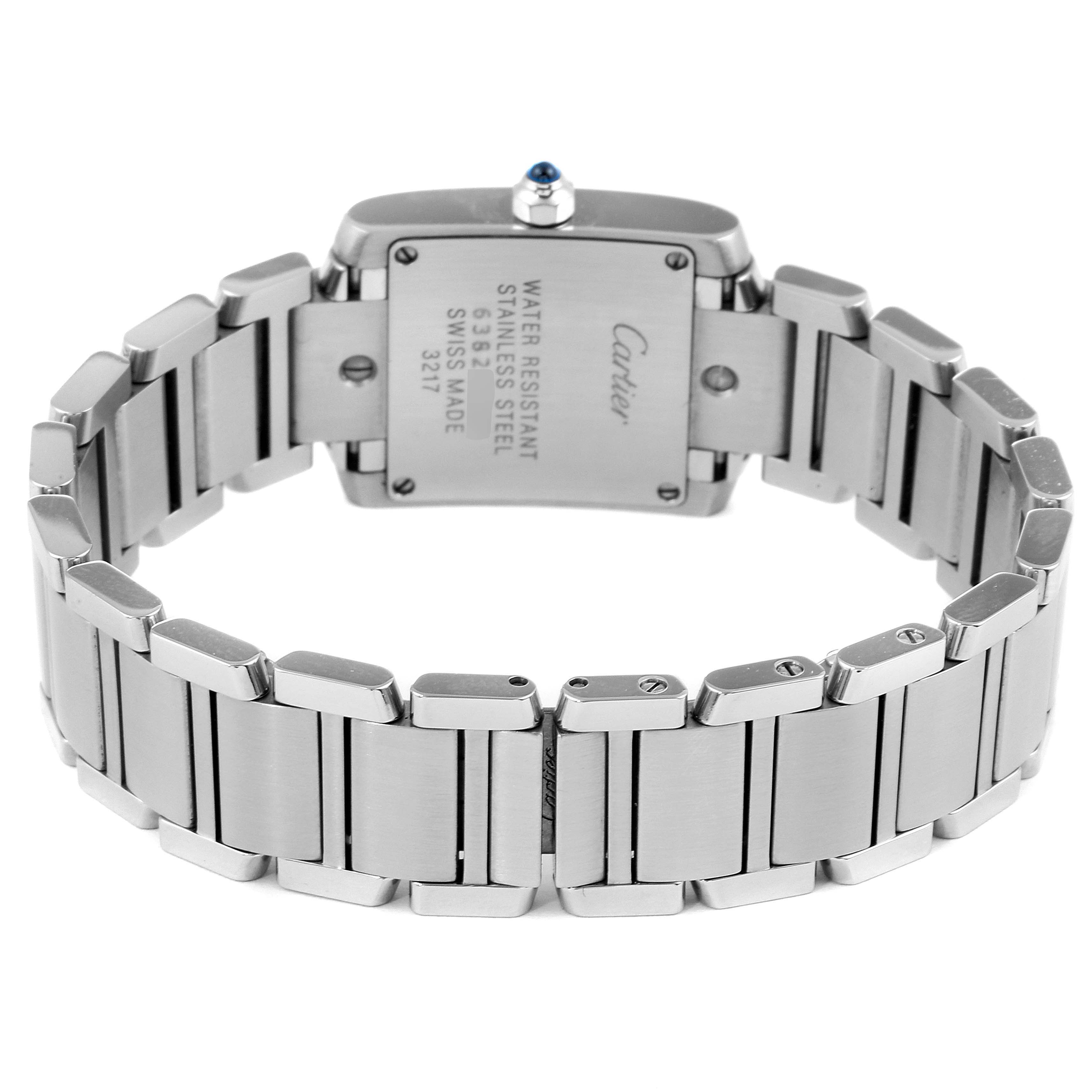 This image shows the back of the Cartier Tank Francaise W51008Q3 Women's Stainless Steel Silver Dial W51008Q3 Women's Stainless Steel Silver Dial watch, focusing on the stainless steel case and bracelet.