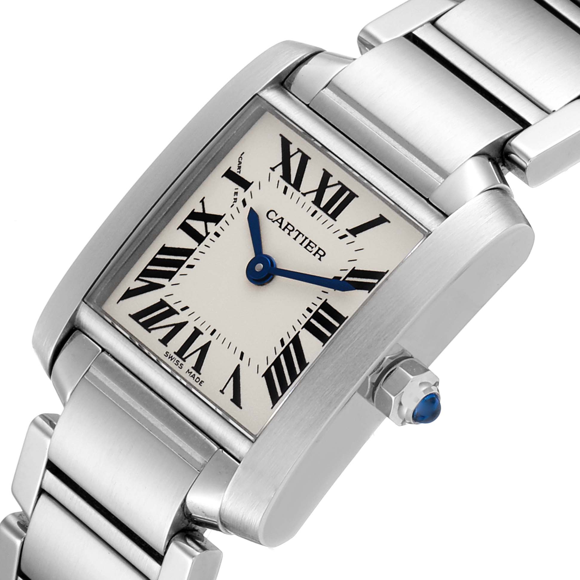 The image shows a tilted view of the Cartier Tank Francaise W51008Q3 Women's Stainless Steel Silver Dial W51008Q3 Women's Stainless Steel Silver Dial watch, highlighting its rectangular face, Roman numerals, and metal bracelet.