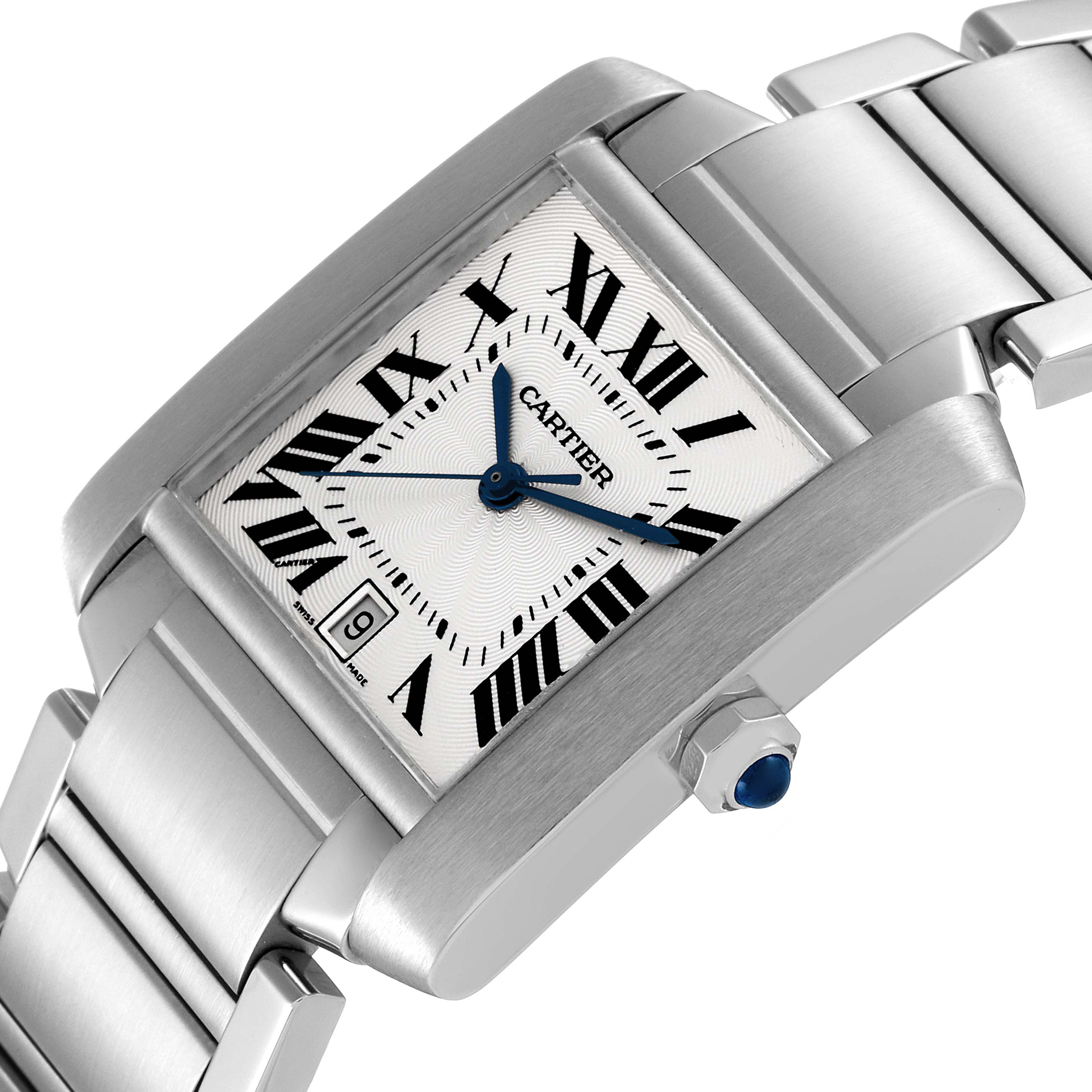 This image shows a close-up angle of a Cartier Tank Francaise W51002Q3 Men's Stainless Steel Silver Dial W51002Q3 Men's Stainless Steel Silver Dial watch, highlighting its face, bezel, and portion of the metal bracelet.