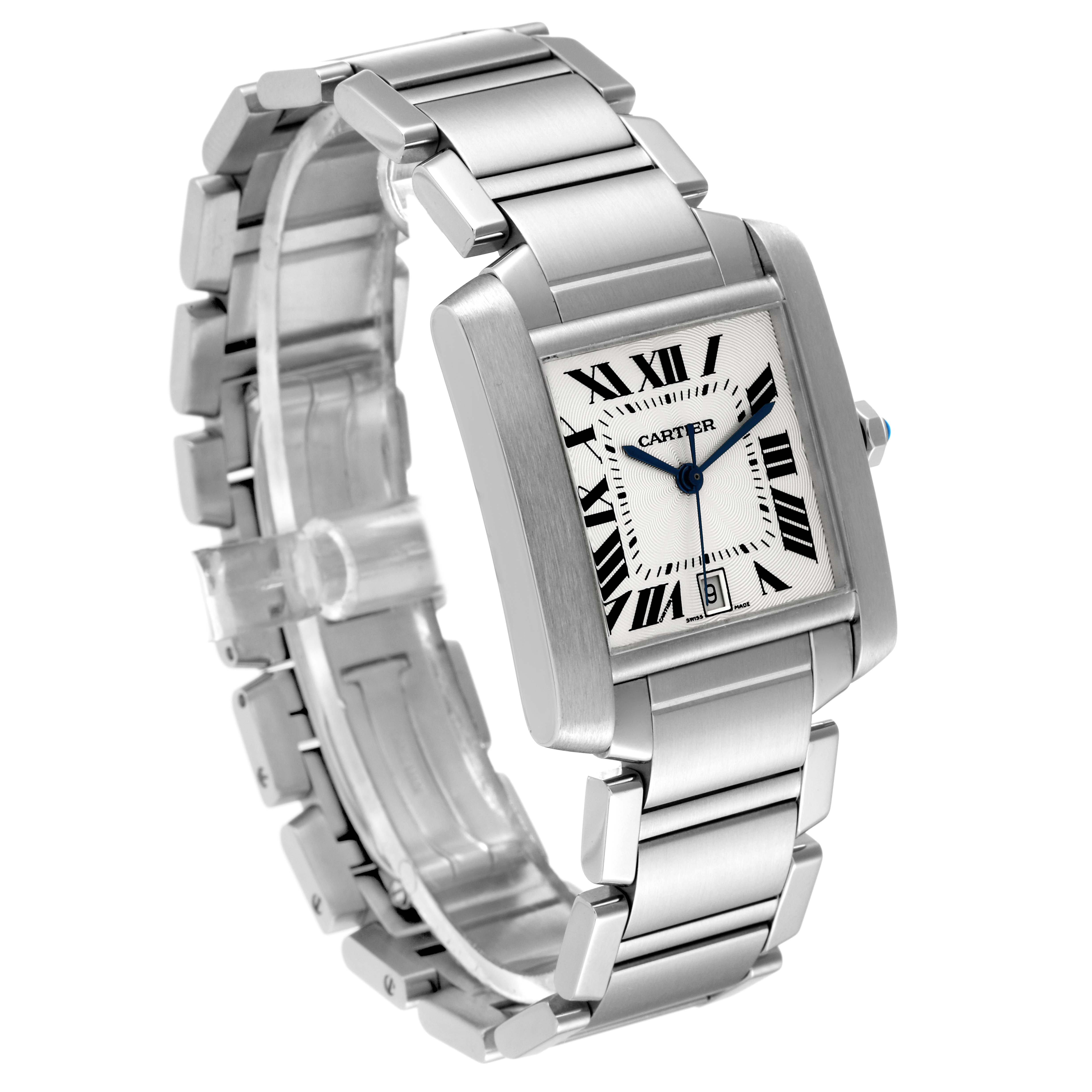 The image shows a Cartier Tank Française watch at an angle, highlighting its face, bezel, and metal bracelet.
