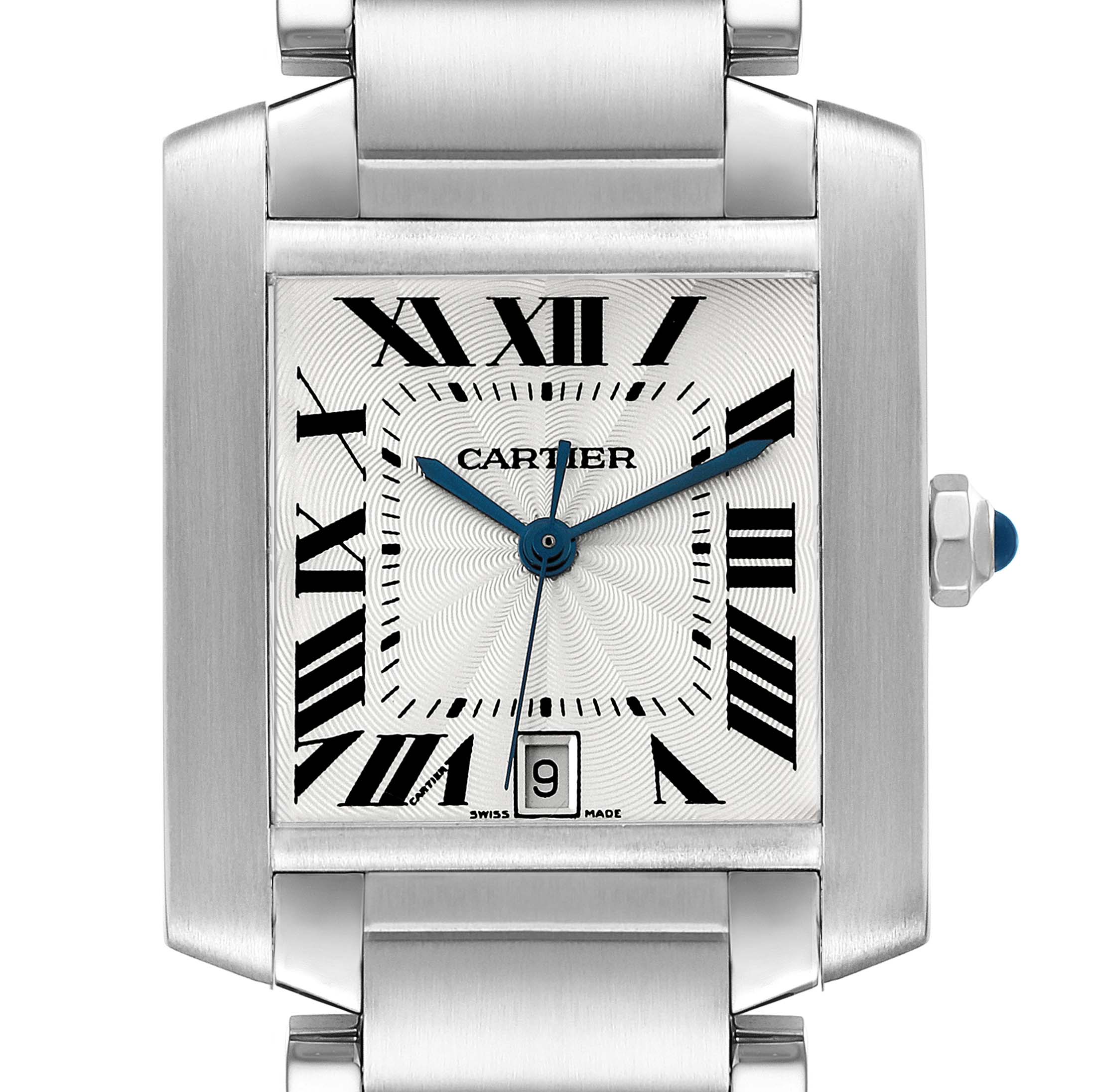 This image shows a close-up of the face and bracelet of the Cartier Tank Française watch.