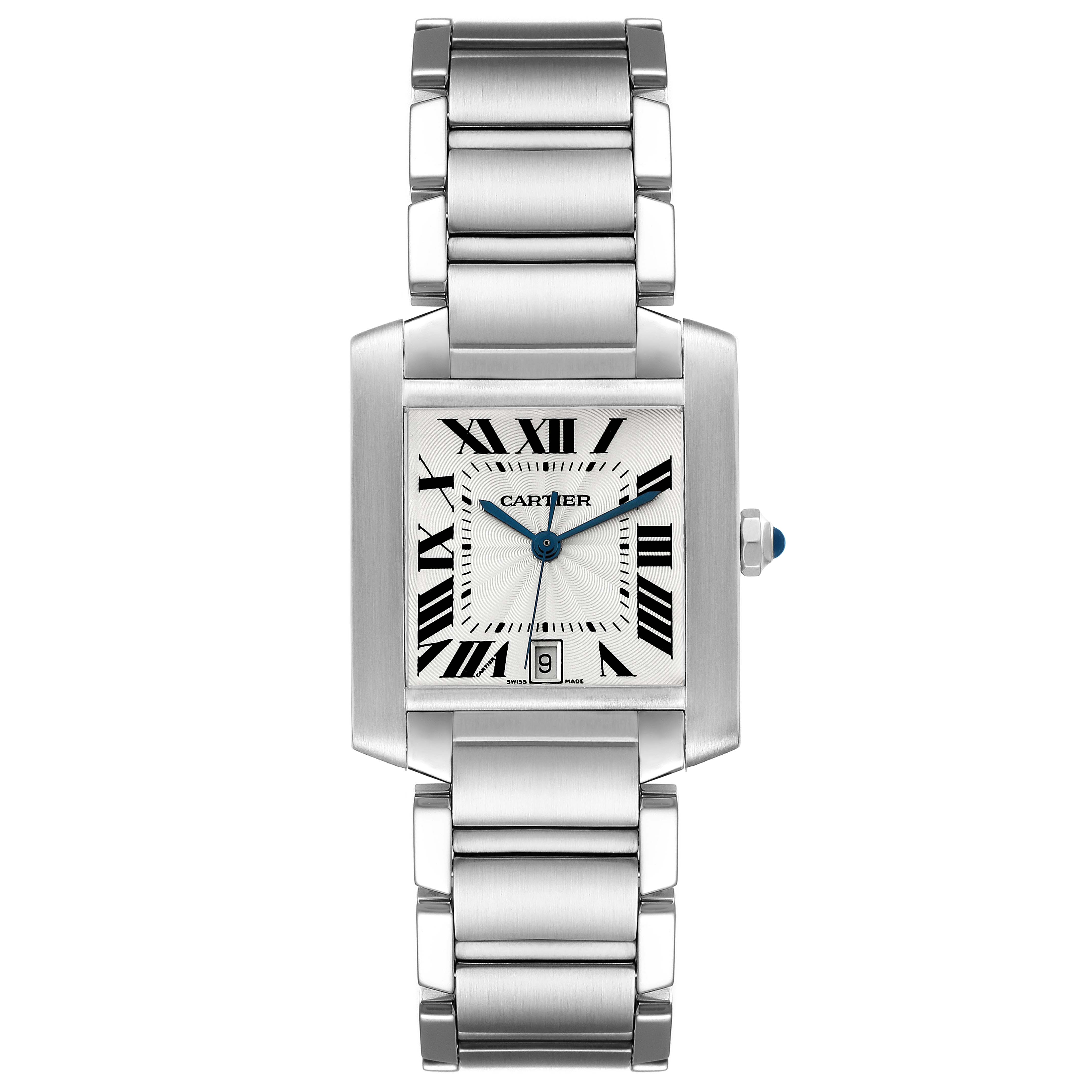 The image shows a top-down view of a Cartier Tank Française watch, showcasing its square face and metal bracelet.