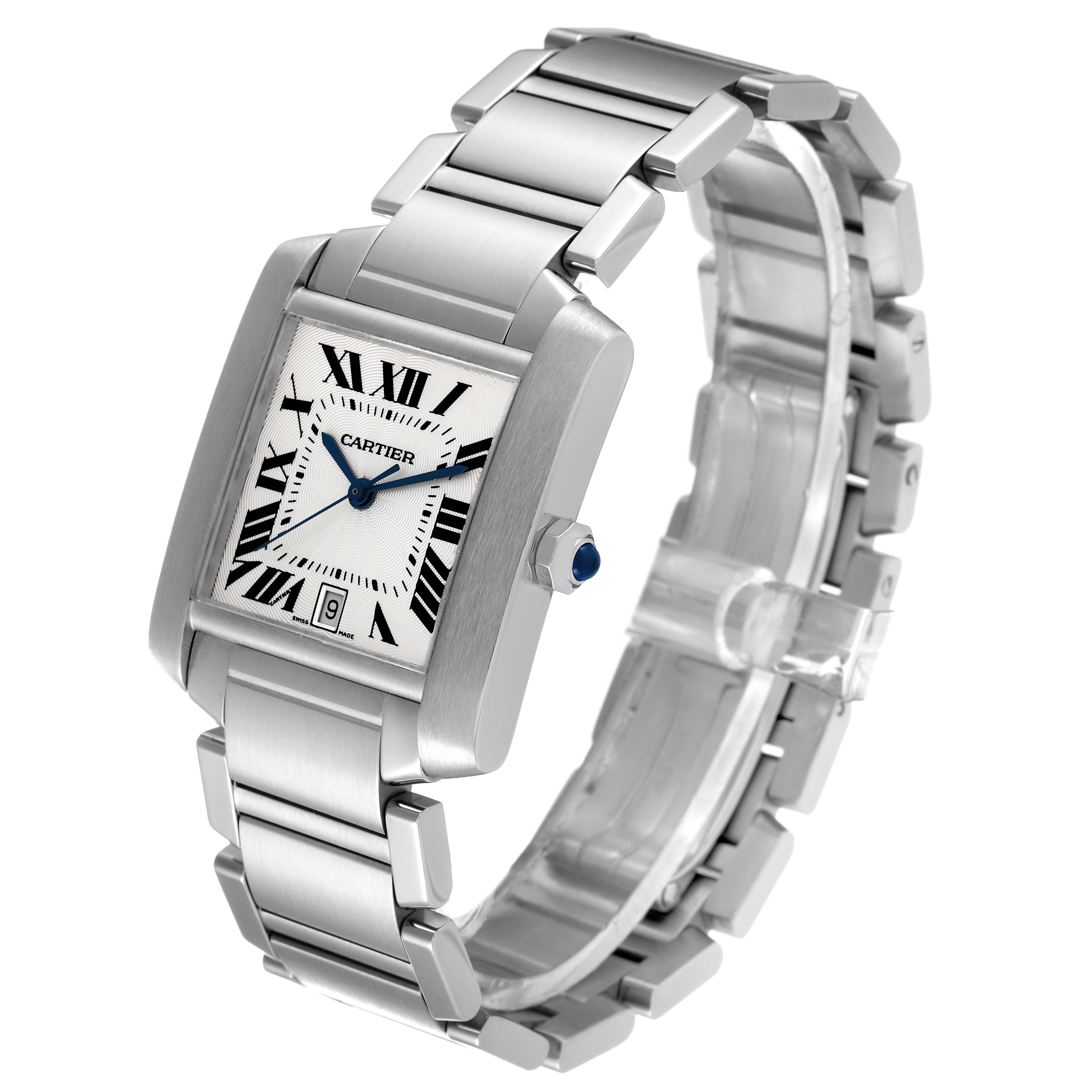 The Tank Francaise by Cartier is shown at a three-quarter angle, displaying its rectangular face, Roman numerals, bracelet, and crown.