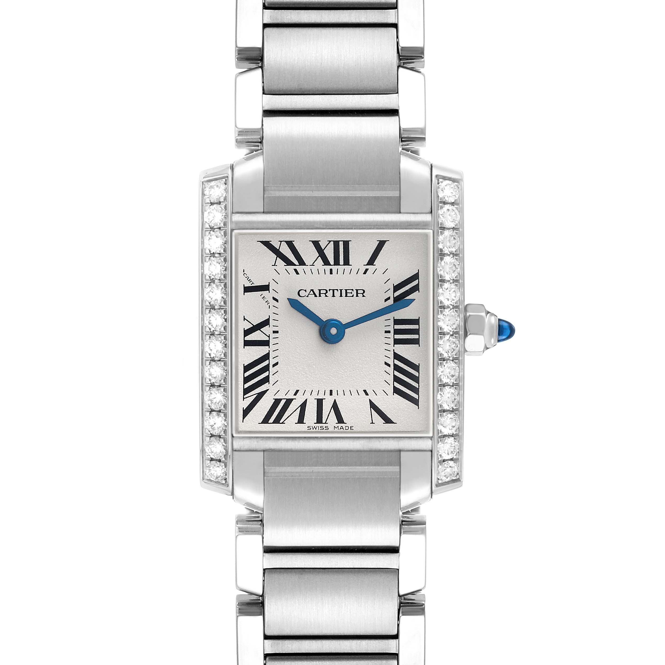 The Cartier Tank Francaise W4TA0008 Women's Stainless Steel Silver Dial watch is shown from a front angle, highlighting its rectangular face, Roman numerals, and metal bracelet.