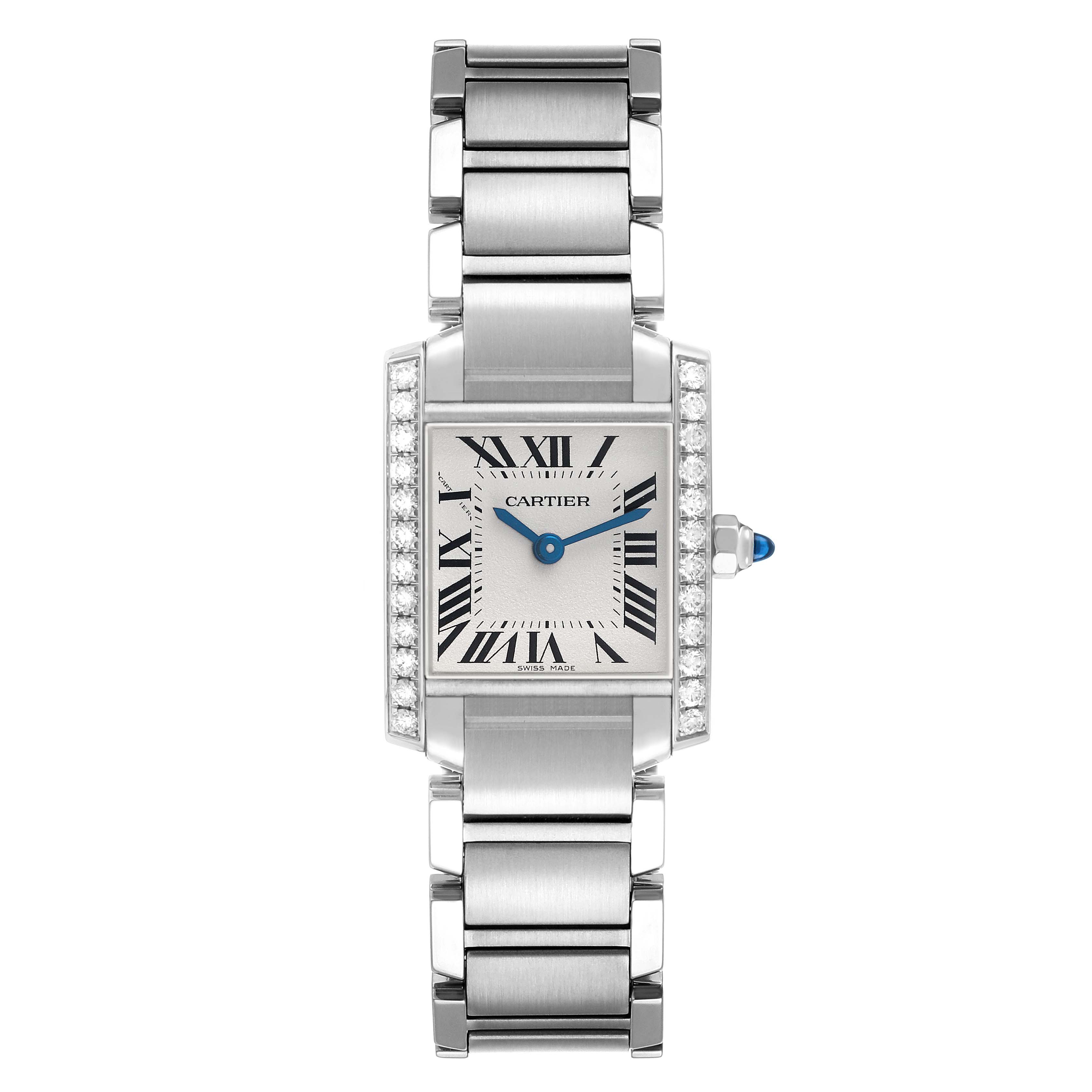 The Cartier Tank Française watch is shown from a top view, displaying the face, bracelet, and crown.