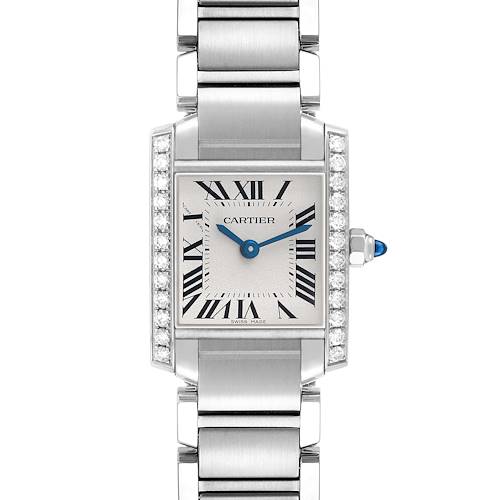 The Cartier Tank Francaise W4TA0008 Women's Stainless Steel Silver Dial watch is shown in a front view, displaying the dial, case, and bracelet.