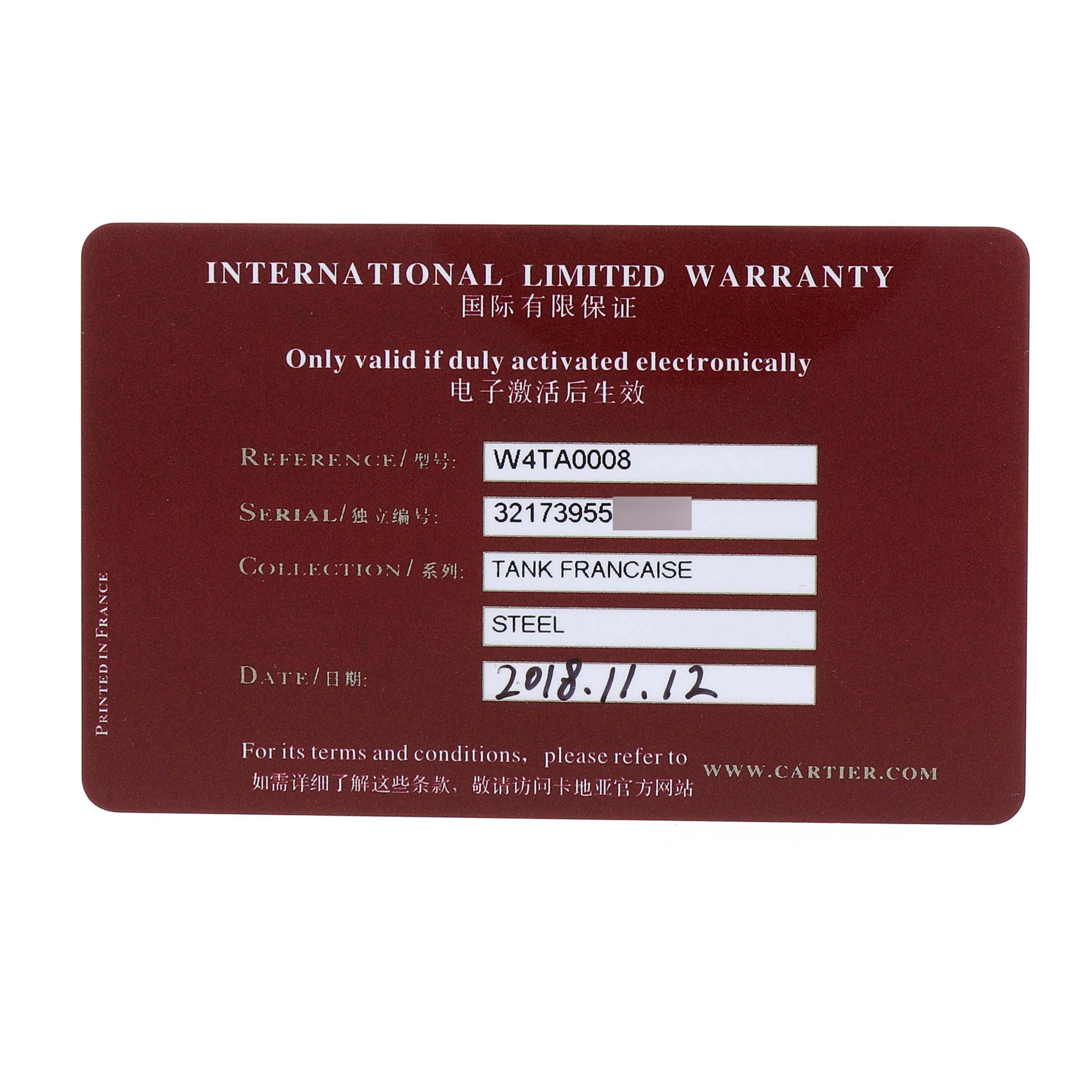 The image shows an International Limited Warranty card for the Cartier Tank Francaise W4TA0008 Women's Stainless Steel Silver Dial model.