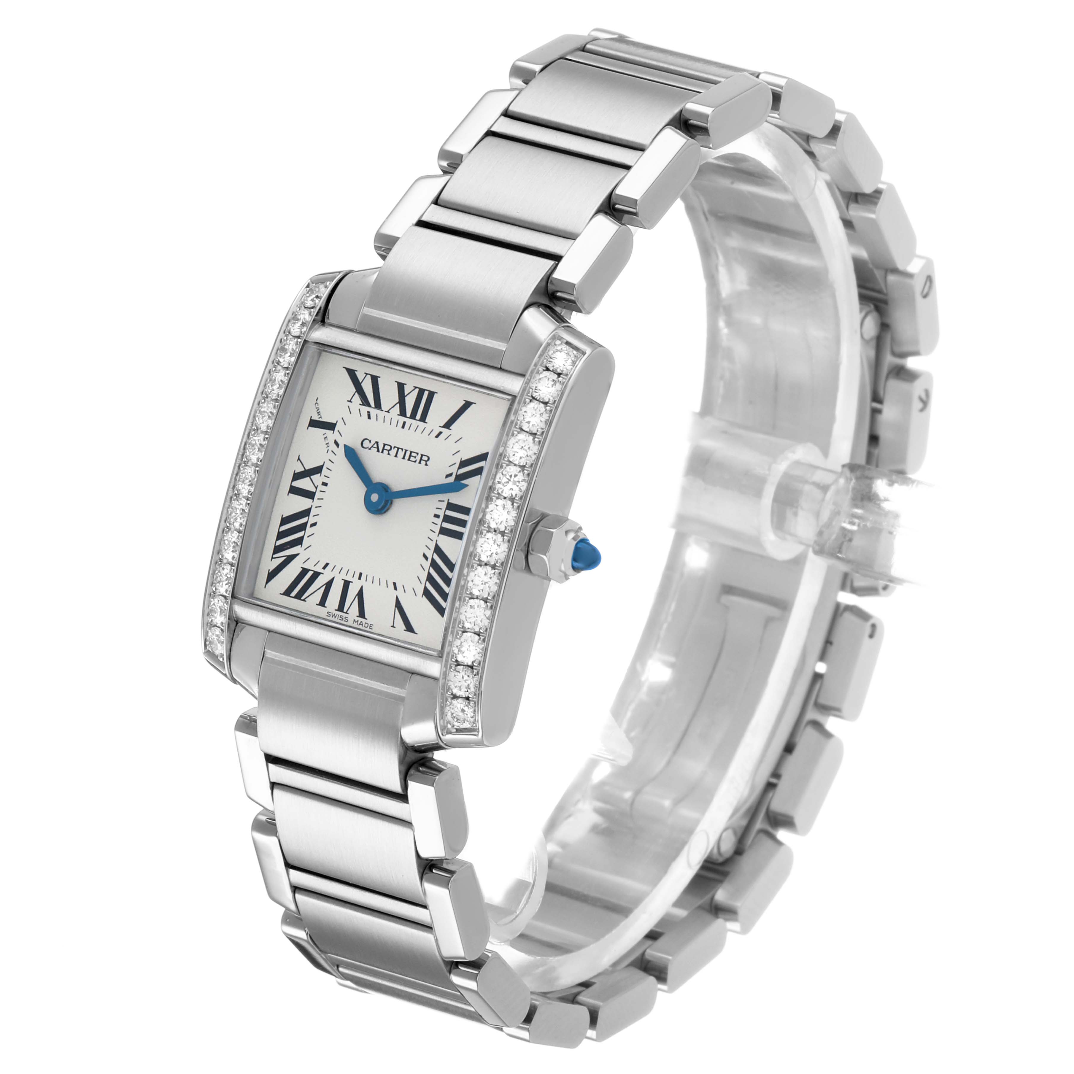 The image shows a Cartier Tank Francaise W4TA0008 Women's Stainless Steel Silver Dial watch at an angled view, highlighting its rectangular face, Roman numerals, and metal bracelet.