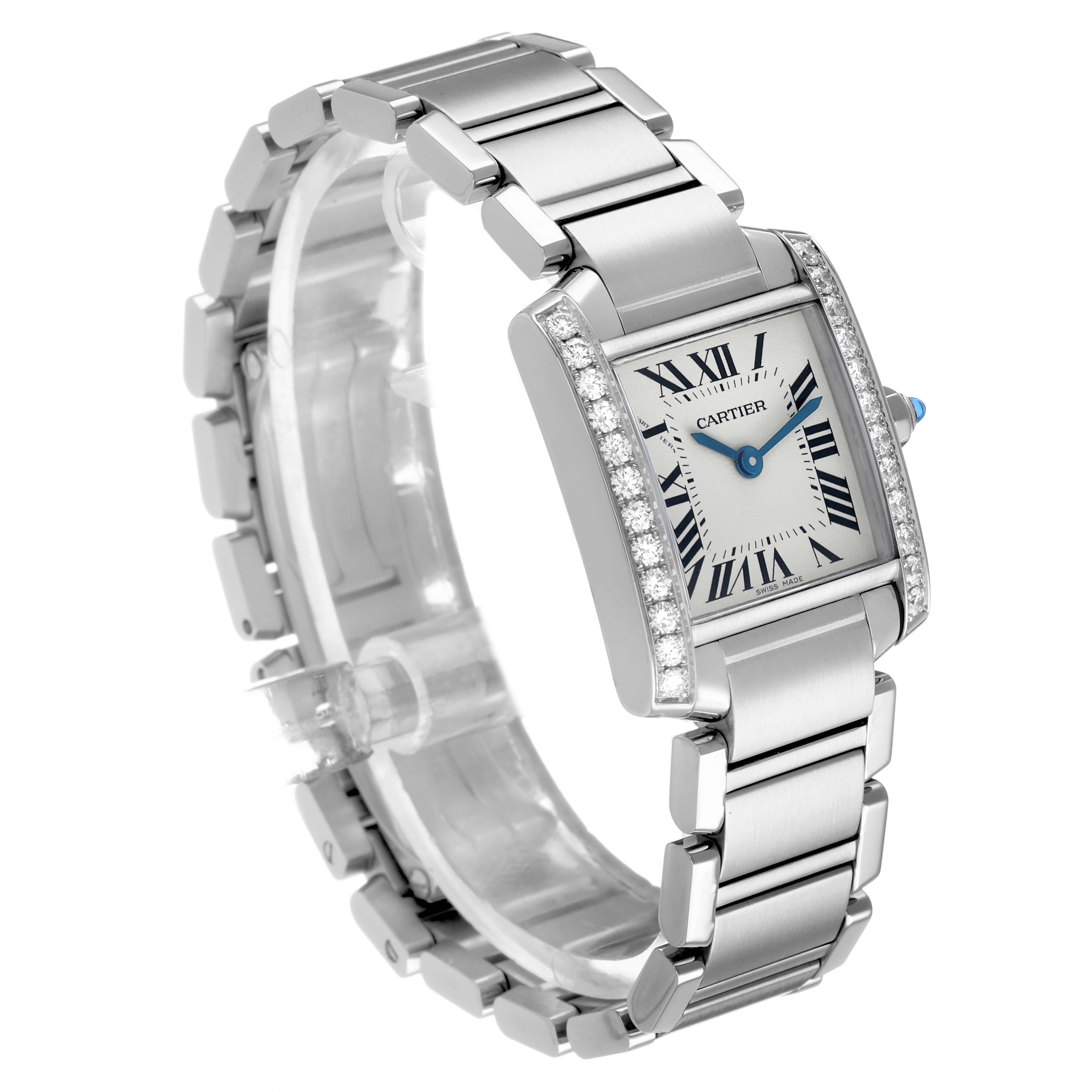 The Cartier Tank Française watch is shown at a three-quarter angle, displaying its face, bracelet, and diamond-set bezel.