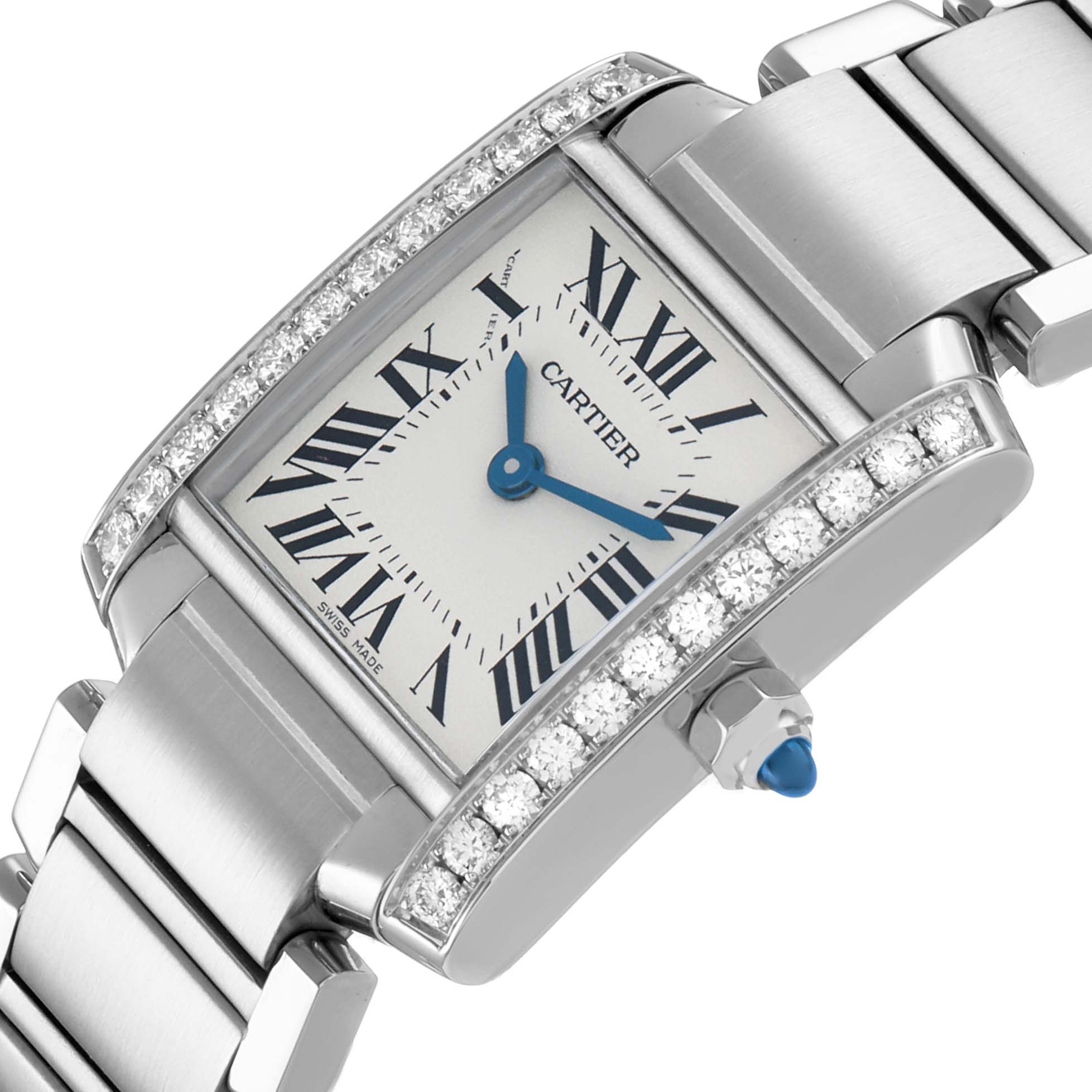 The Cartier Tank Francaise W4TA0008 Women's Stainless Steel Silver Dial watch is shown at an angled view highlighting the face, bezel with diamonds, and part of the metal bracelet.