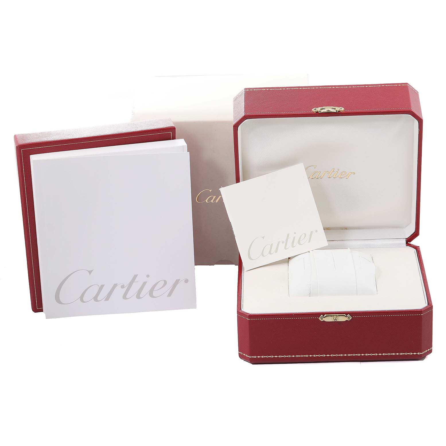 The image shows a Cartier Tank Francaise W51008Q3 Women's Stainless Steel Silver Dial W51008Q3 Women's Stainless Steel Silver Dial watch box, documentation, and original packaging from a front angle.