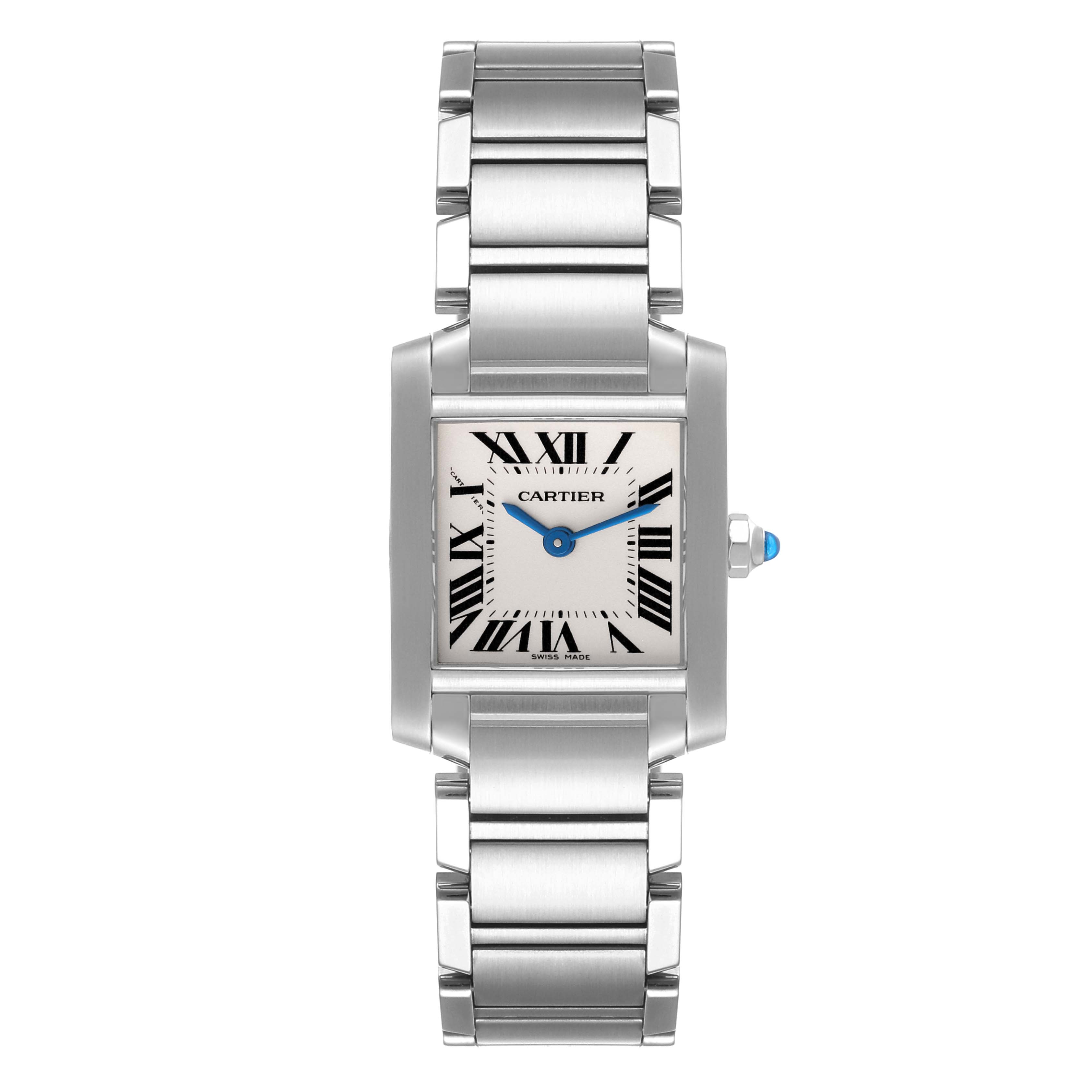 The image shows a front view of a Cartier Tank Française watch, highlighting its face, bracelet, and crown.