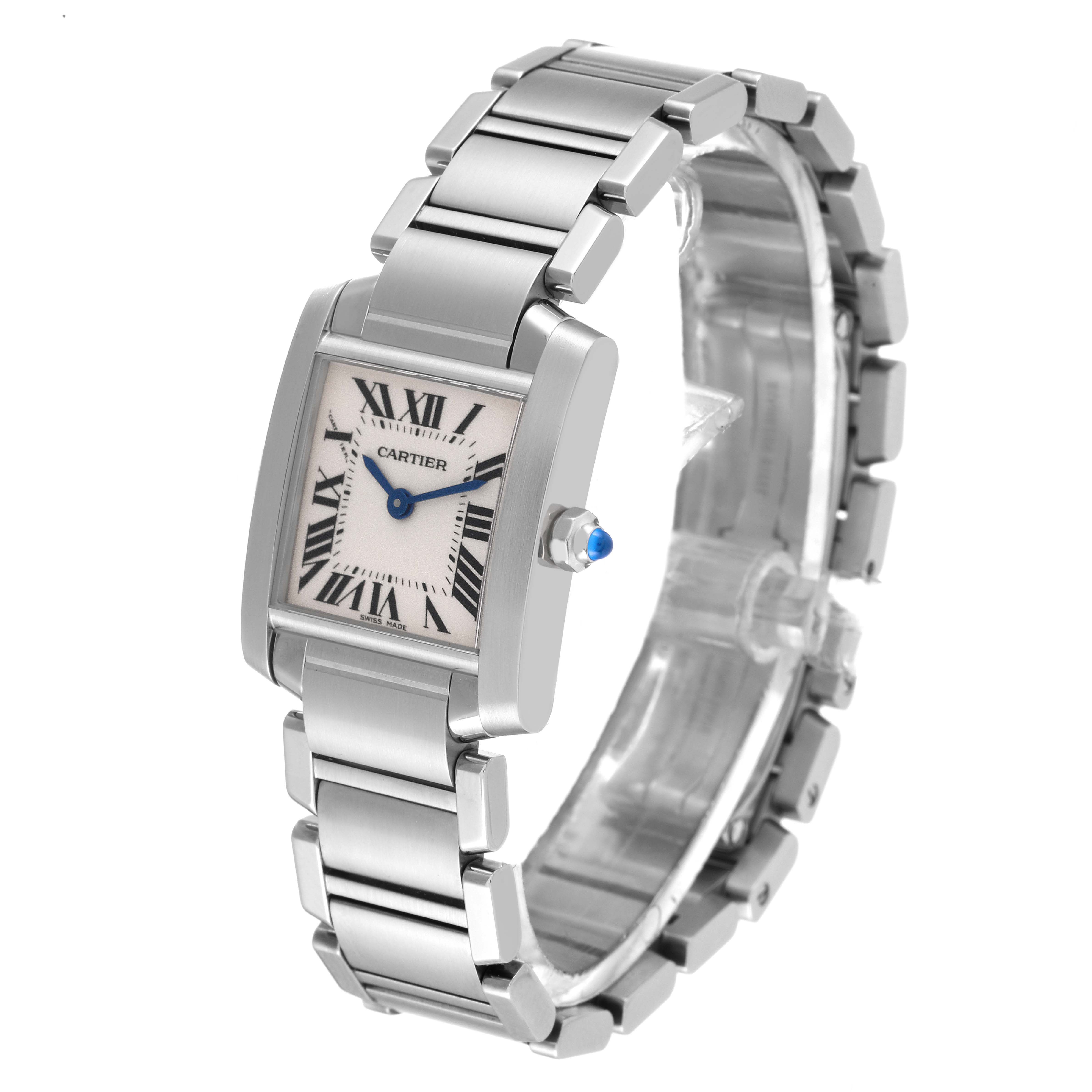 This image shows a Cartier Tank Francaise W51008Q3 Women's Stainless Steel Silver Dial W51008Q3 Women's Stainless Steel Silver Dial watch from an angled front view, highlighting its face, bracelet, and blue crown.