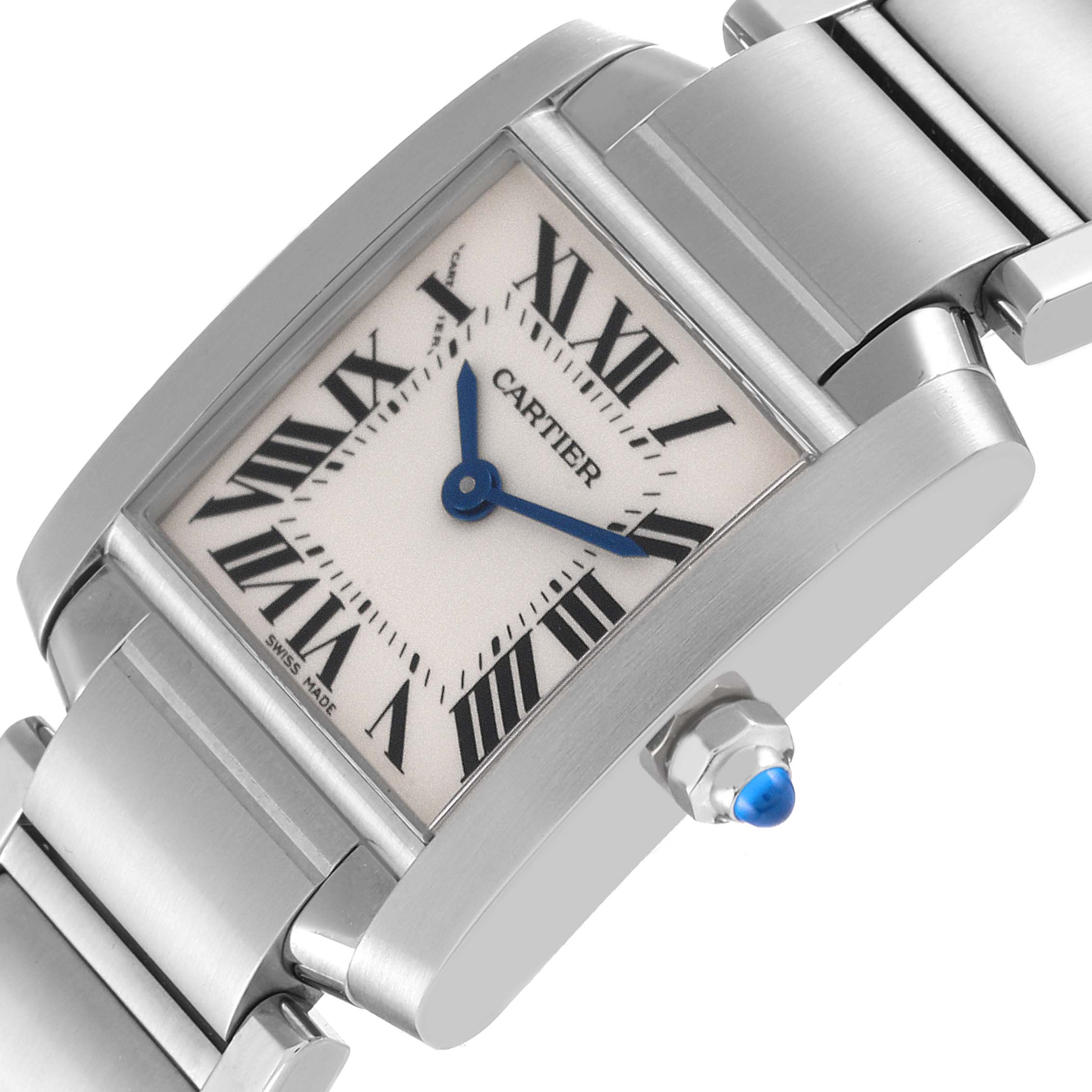 The Cartier Tank Francaise W51008Q3 Women's Stainless Steel Silver Dial W51008Q3 Women's Stainless Steel Silver Dial watch is shown at an angled close-up, highlighting the case, dial, crown, and part of the bracelet.