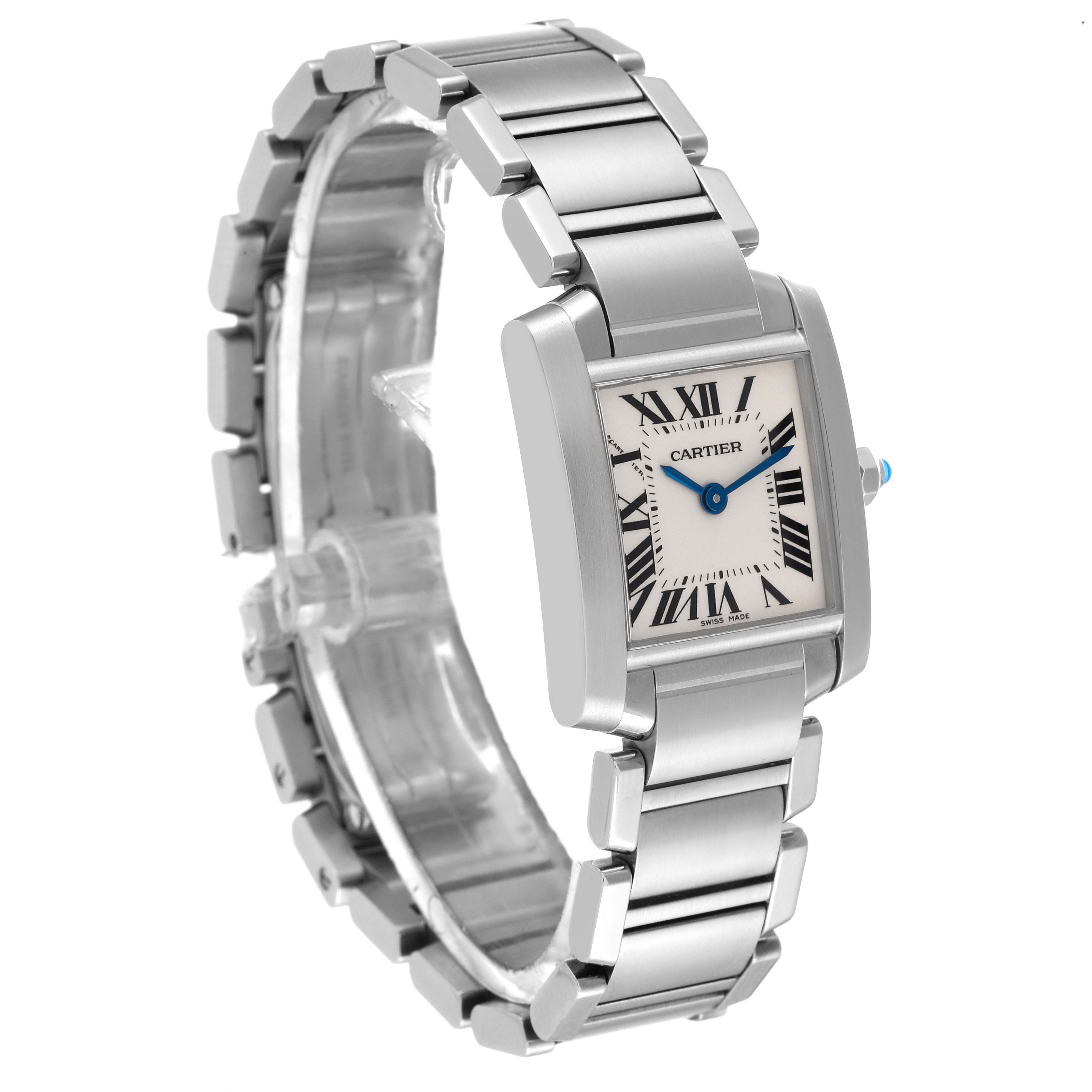 The image shows the Cartier Tank Française watch at an angle showcasing its face, bracelet, and case details.