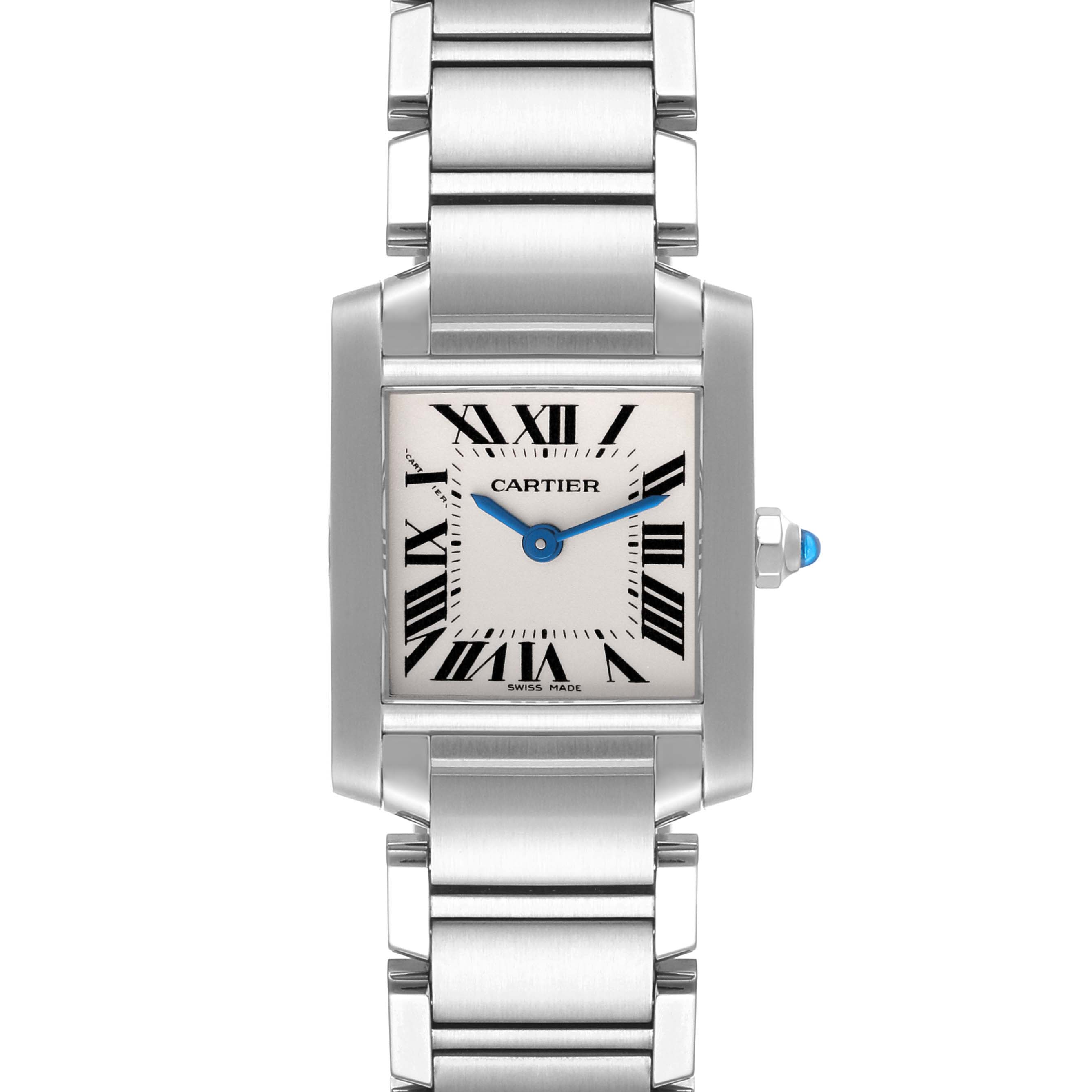 The Cartier Tank Francaise W51008Q3 Women's Stainless Steel Silver Dial W51008Q3 Women's Stainless Steel Silver Dial watch is shown from a direct front angle, displaying the face, bracelet, and crown.