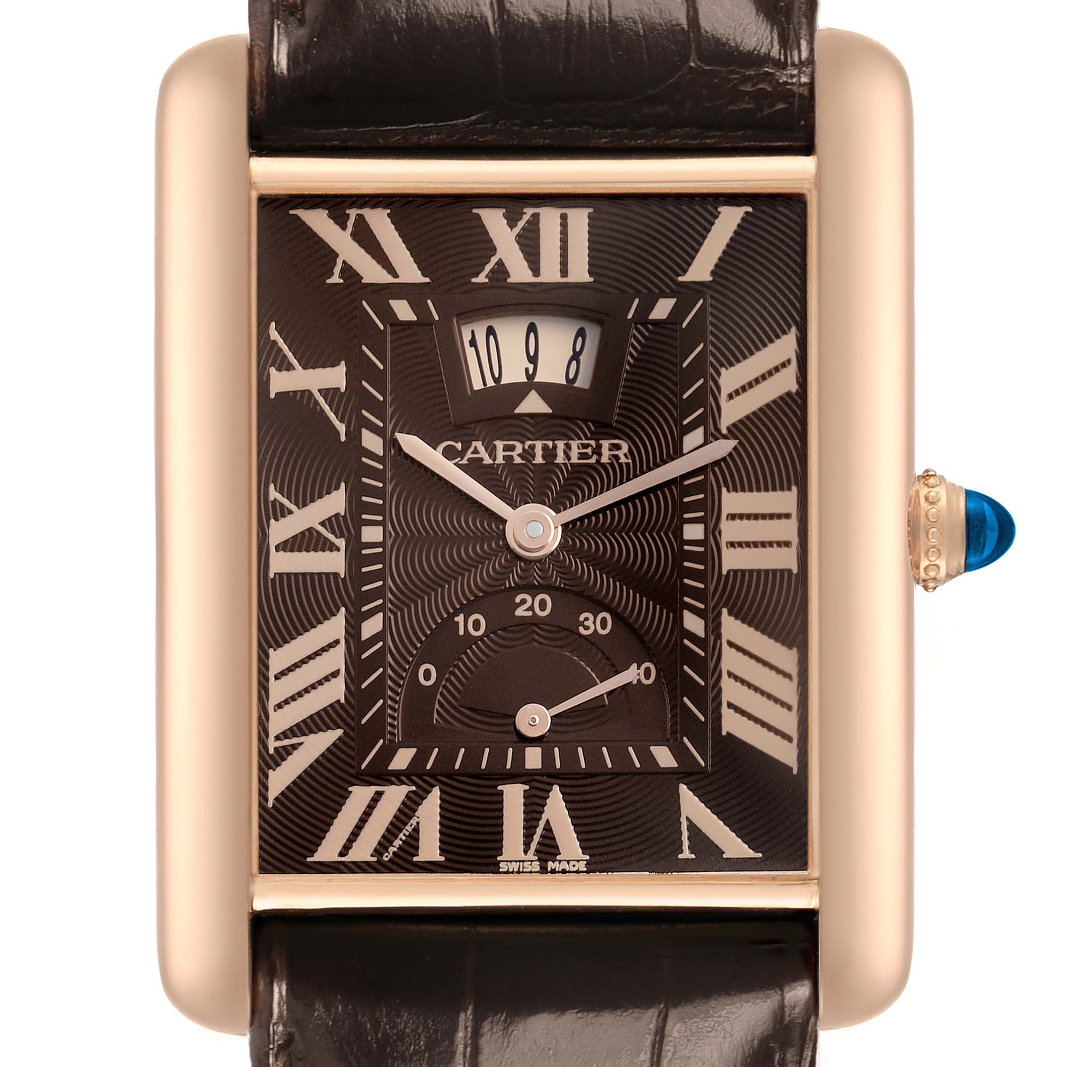 The Cartier Tank Louis W1560002 Men's Rose Gold Brown Dial watch is shown from the front, highlighting its rectangular face, Roman numerals, and blue cabochon crown.