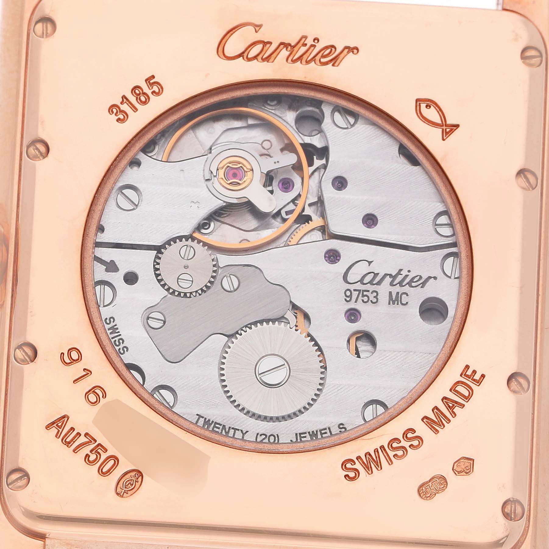This image shows the back of the Cartier Tank Louis W1560002 Men's Rose Gold Brown Dial watch, highlighting the movement and internal components.
