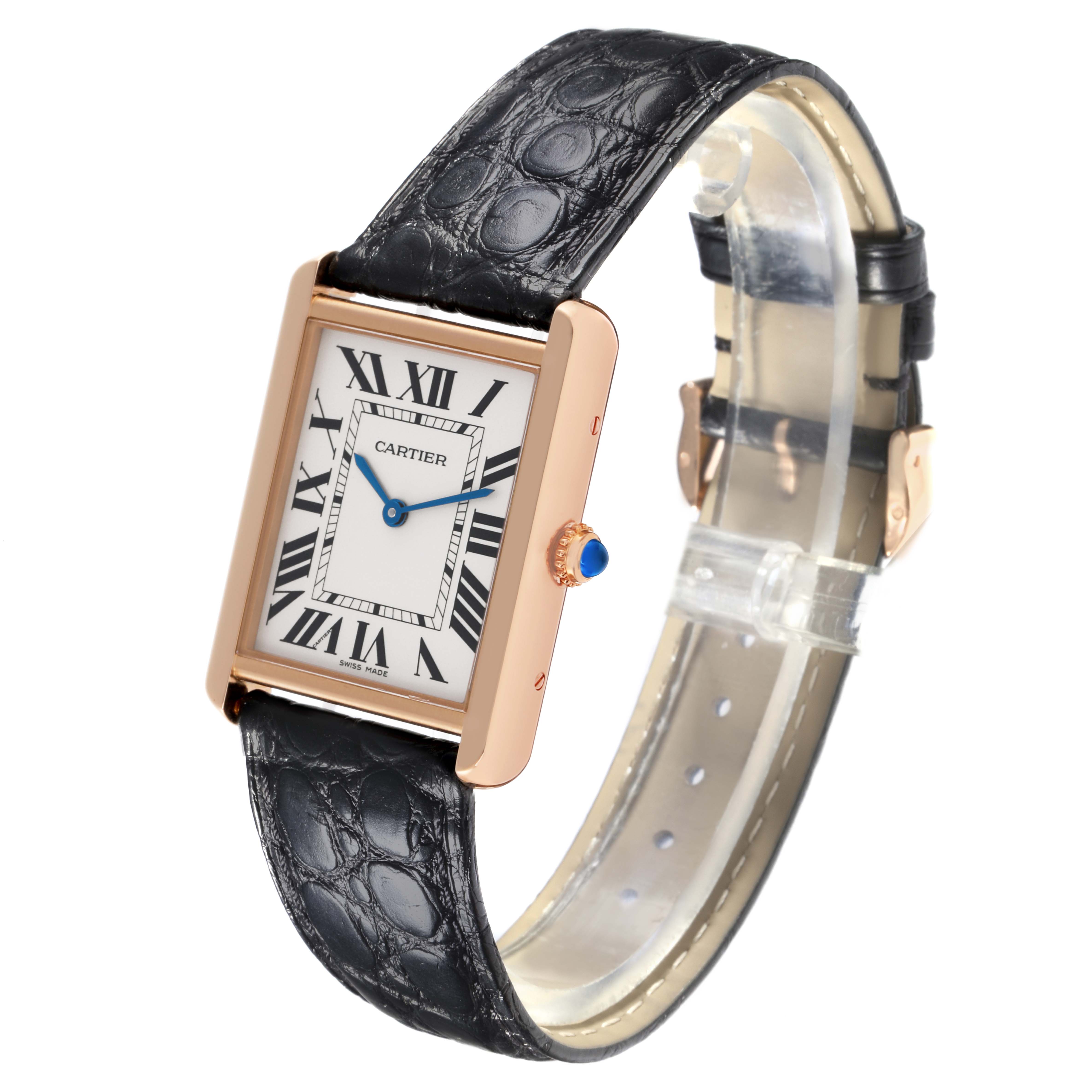 The Cartier Tank Solo W5200025 Men's Yellow Gold Silver Dial W5200025 Men's Yellow Gold Silver Dial watch is shown at an angled side view, highlighting its rectangular case, Roman numeral dial, and leather strap.