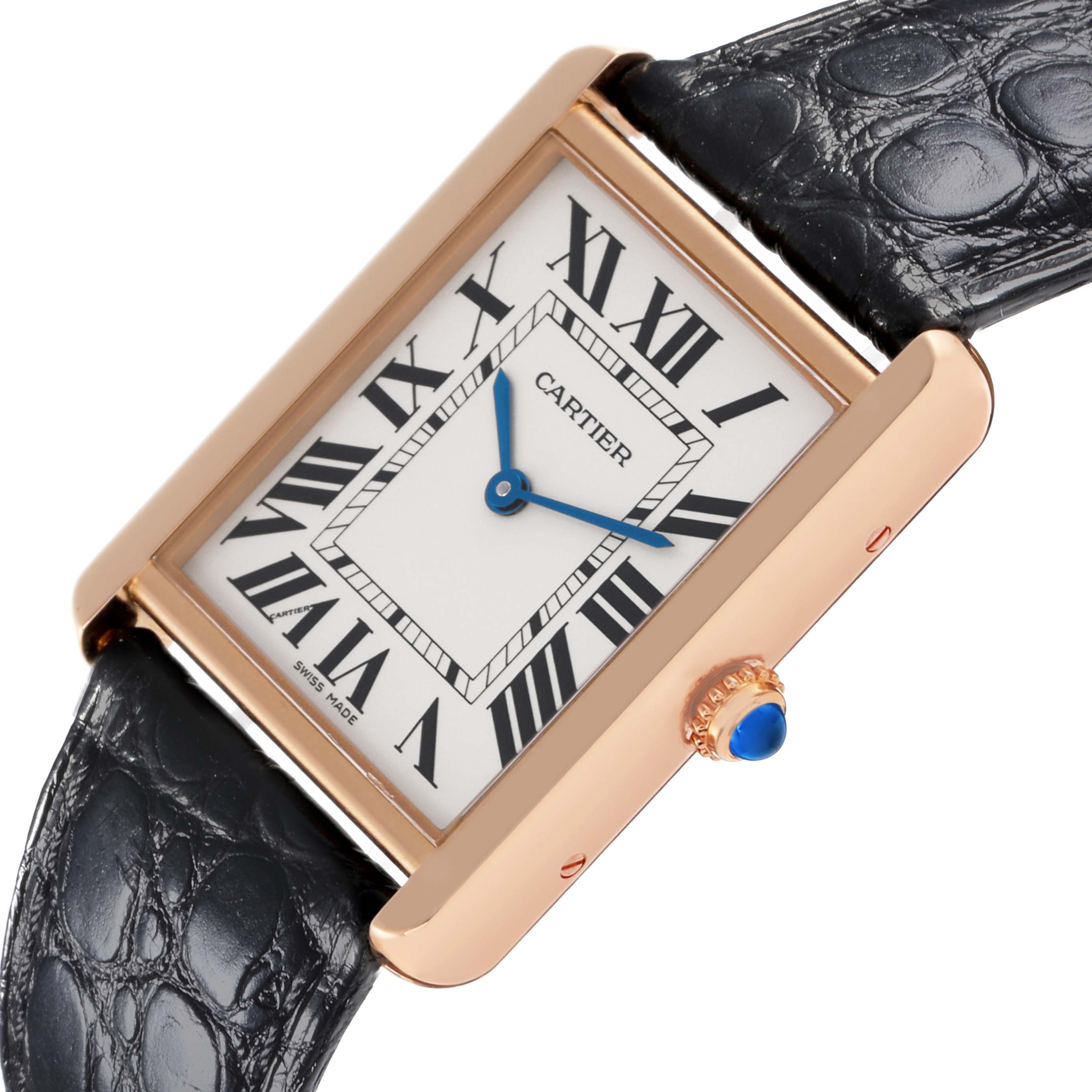 The Cartier Tank Solo W5200025 Men's Yellow Gold Silver Dial W5200025 Men's Yellow Gold Silver Dial watch is shown at a slight angle, highlighting its rectangular case, Roman numeral dial, and crown with a blue cabochon.
