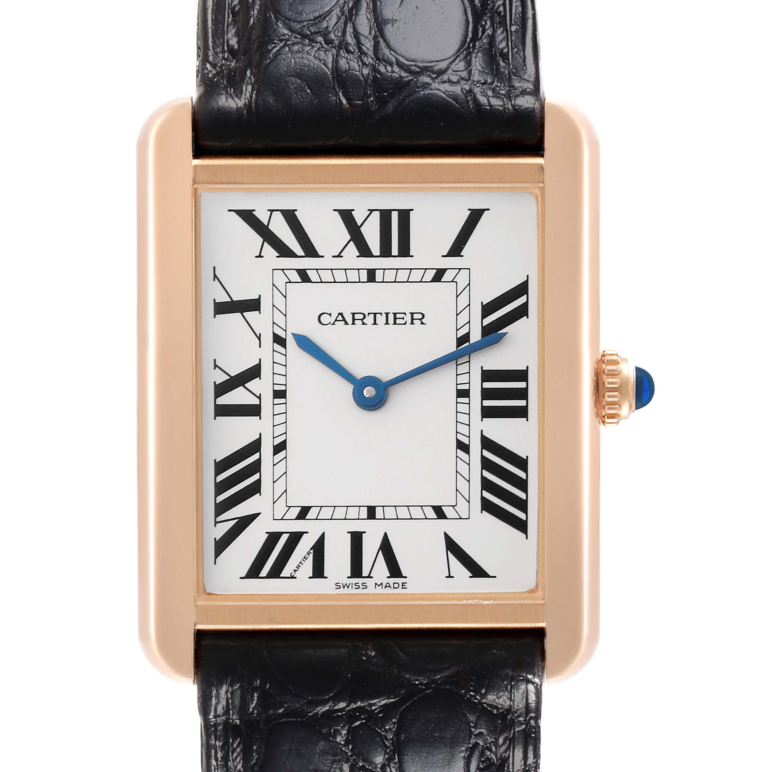 The Cartier Tank Solo W5200025 Men's Yellow Gold Silver Dial W5200025 Men's Yellow Gold Silver Dial watch is shown from the front, highlighting its rectangular face, Roman numerals, and leather strap.