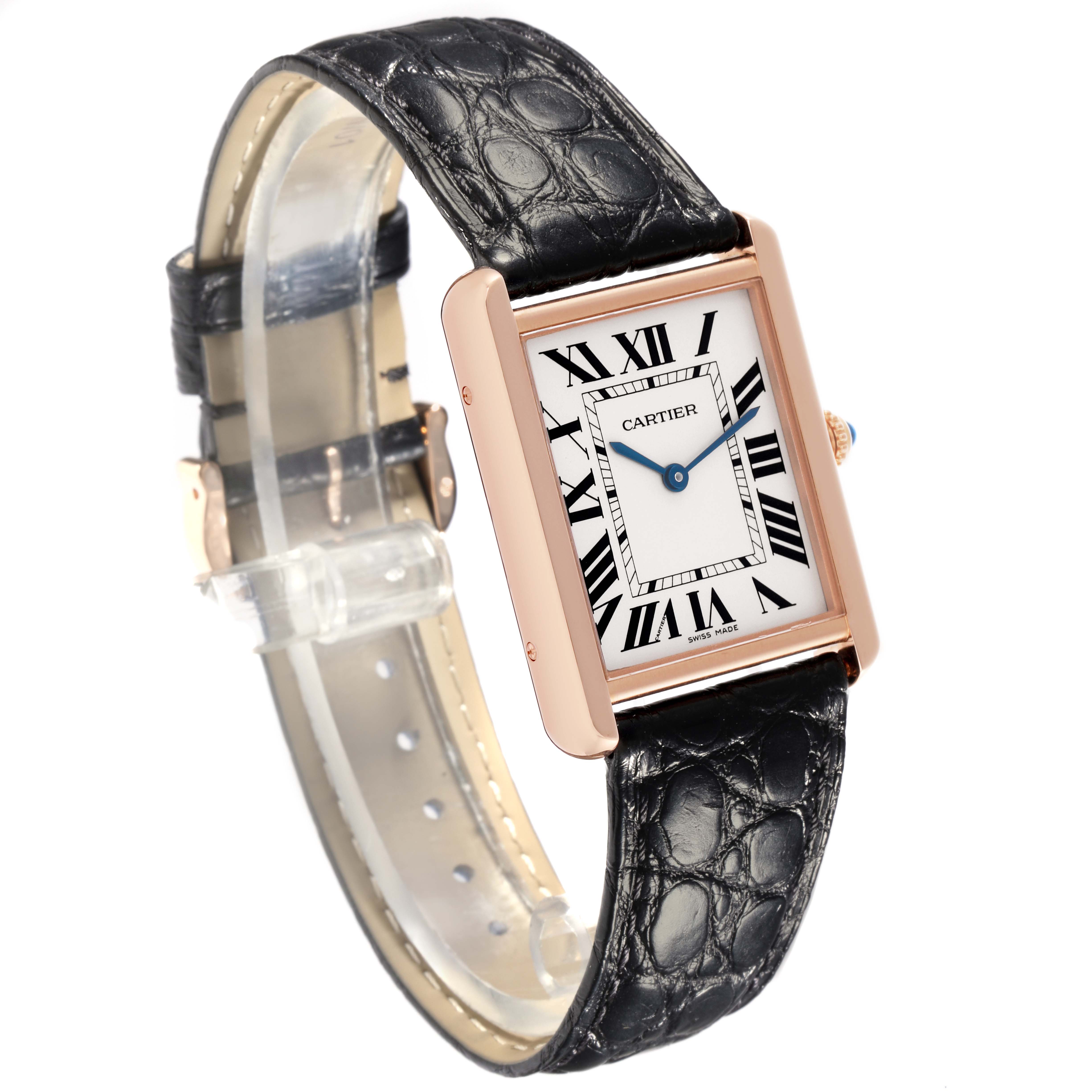 The Cartier Tank Solo W5200025 Men's Yellow Gold Silver Dial W5200025 Men's Yellow Gold Silver Dial watch is shown from an angled view, highlighting the face, leather strap, and side profile.