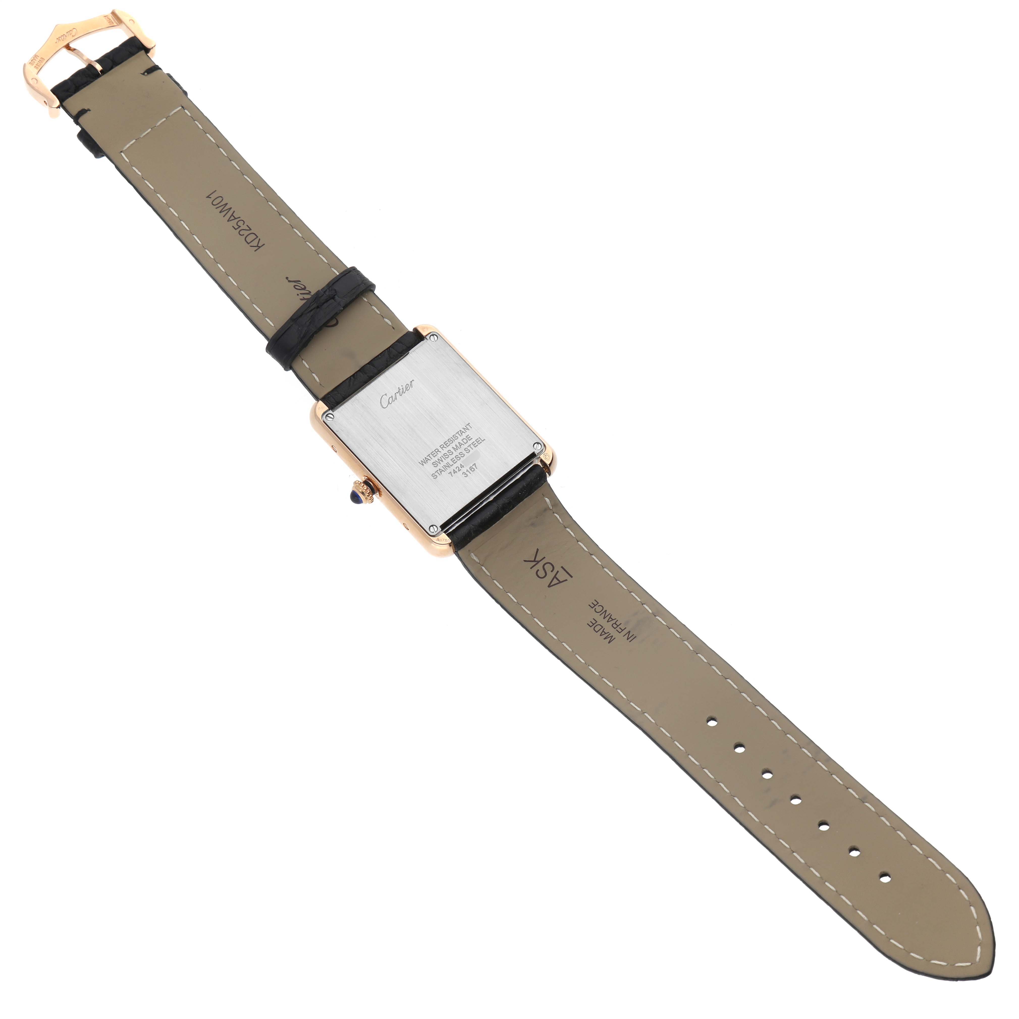 The image shows the back view of a Cartier Tank Solo W5200025 Men's Yellow Gold Silver Dial W5200025 Men's Yellow Gold Silver Dial watch, highlighting the case back and leather strap.