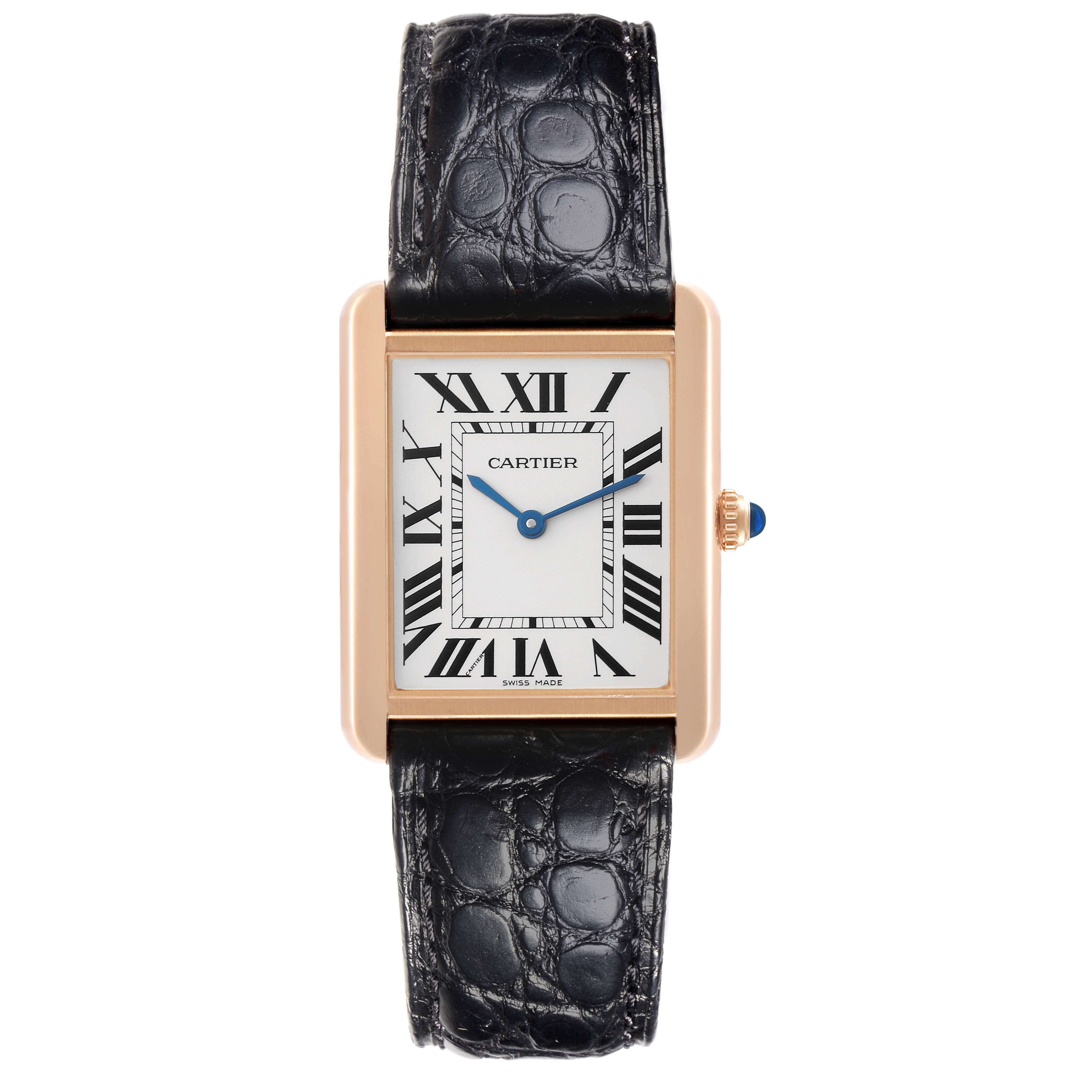 This Cartier Tank Solo W5200025 Men's Yellow Gold Silver Dial W5200025 Men's Yellow Gold Silver Dial watch is shown from a top-down angle, displaying the face, black leather strap, and blue crown.