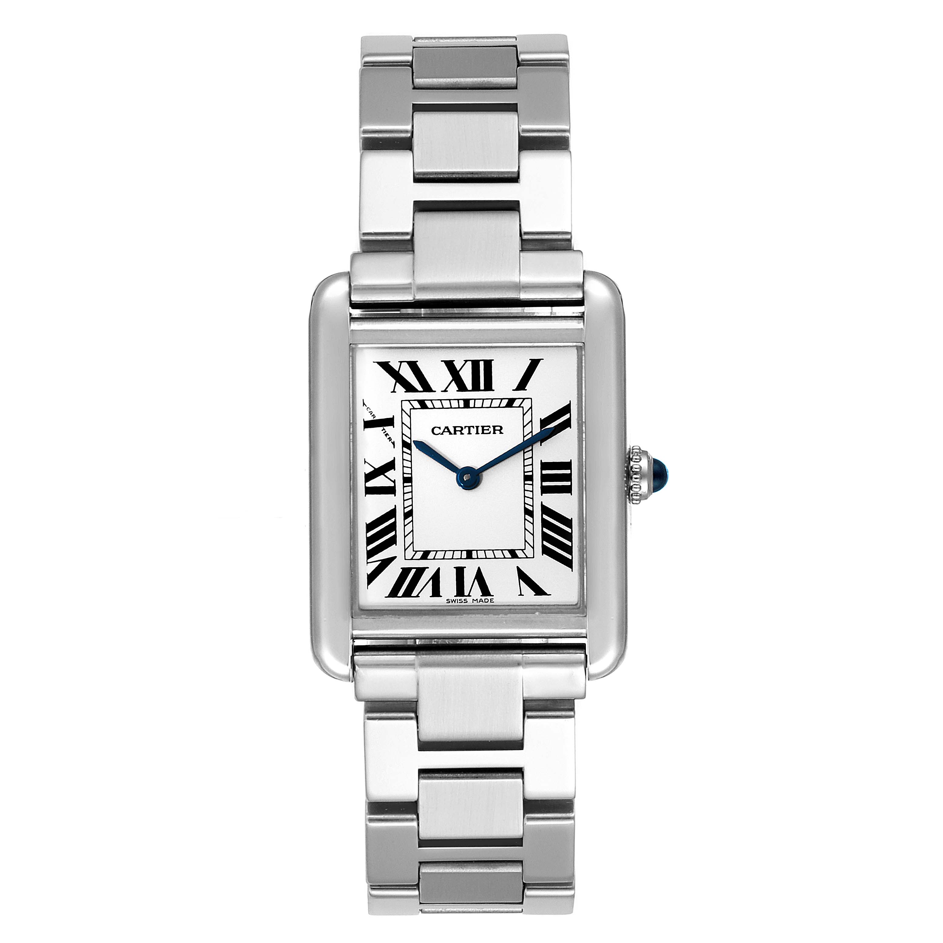 This image shows the front view of a Cartier Tank Solo W5200013 Women's Stainless Steel Silver Dial W5200013 Women's Stainless Steel Silver Dial watch, including the face, bracelet, and crown.