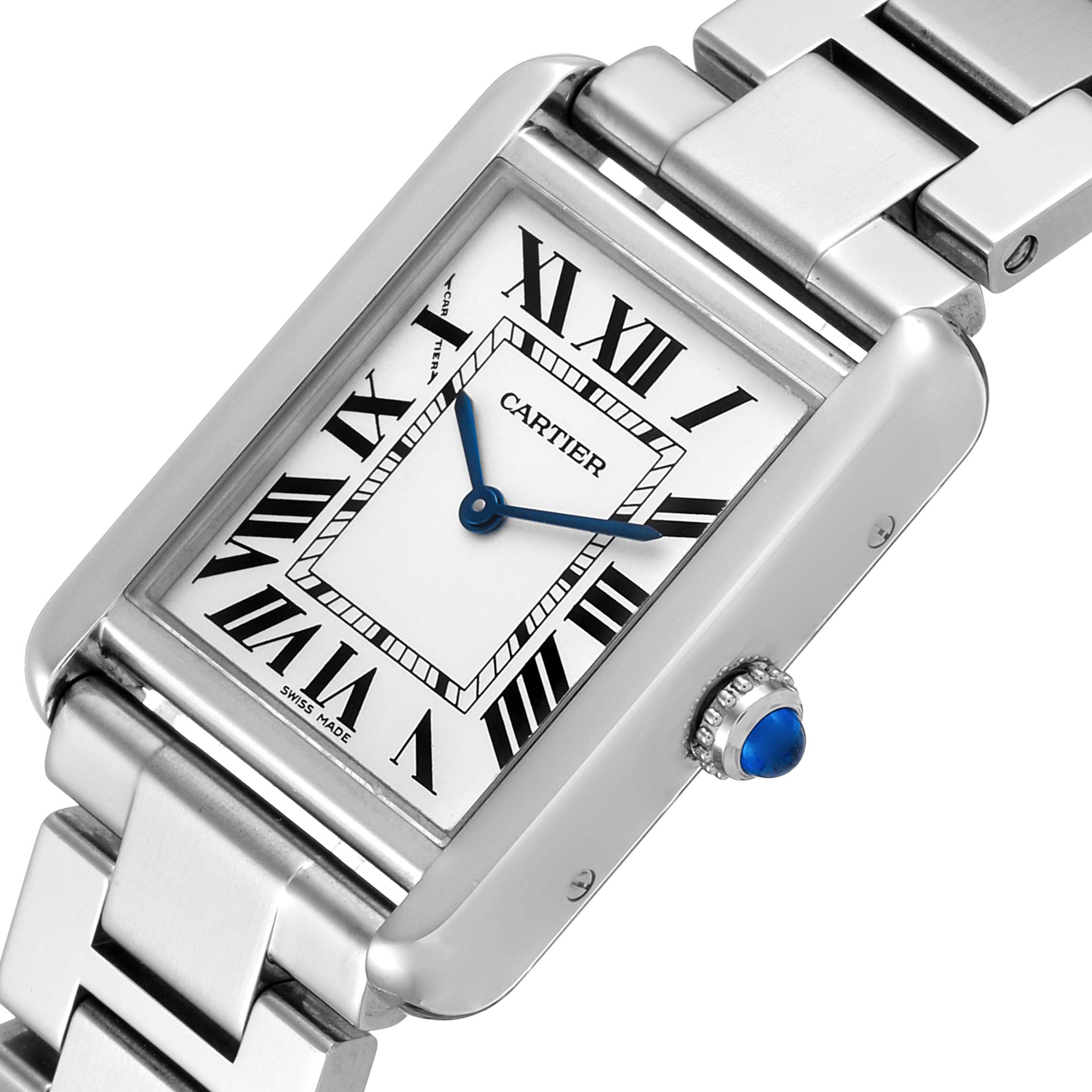 The Cartier Tank Solo W5200013 Women's Stainless Steel Silver Dial W5200013 Women's Stainless Steel Silver Dial watch is shown at a slight angle, featuring its rectangular dial, Roman numerals, and metal bracelet.