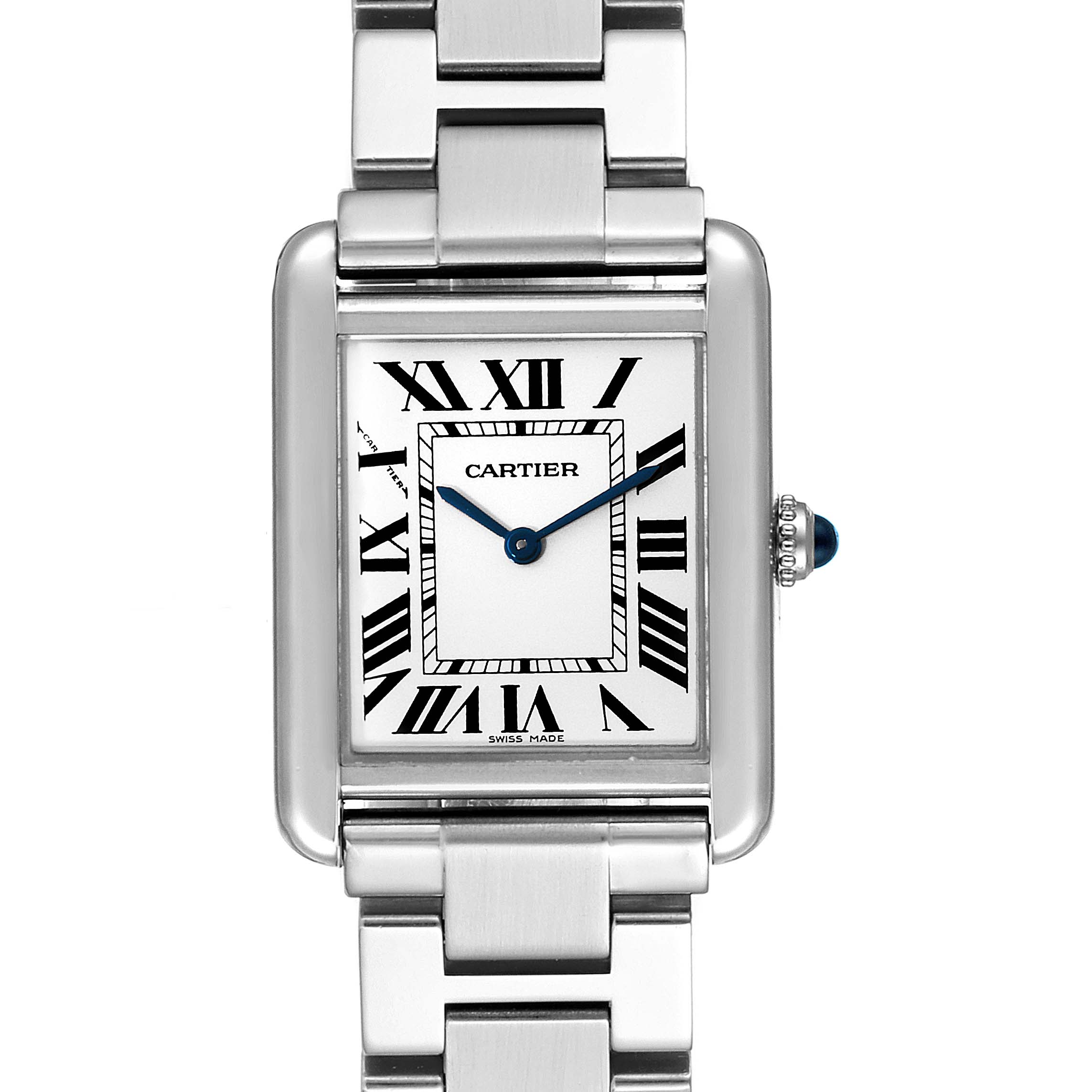 The image shows a Cartier Tank Solo W5200013 Women's Stainless Steel Silver Dial W5200013 Women's Stainless Steel Silver Dial model watch from a front angle, highlighting the rectangular face, Roman numerals, and metal bracelet.