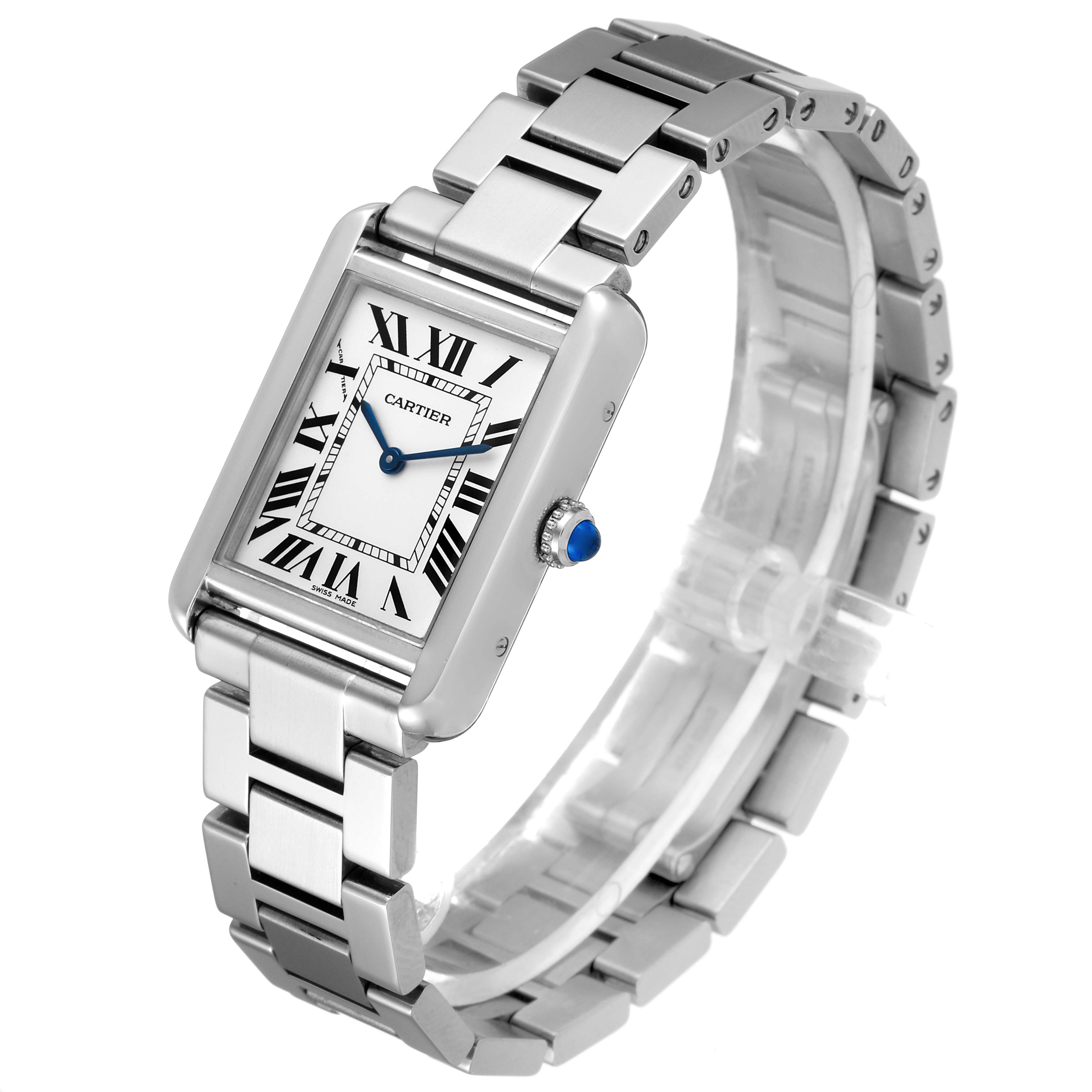 This image displays a Cartier Tank Solo W5200013 Women's Stainless Steel Silver Dial W5200013 Women's Stainless Steel Silver Dial watch with a stainless steel bracelet, viewed at a slight angle showing the face and bracelet.