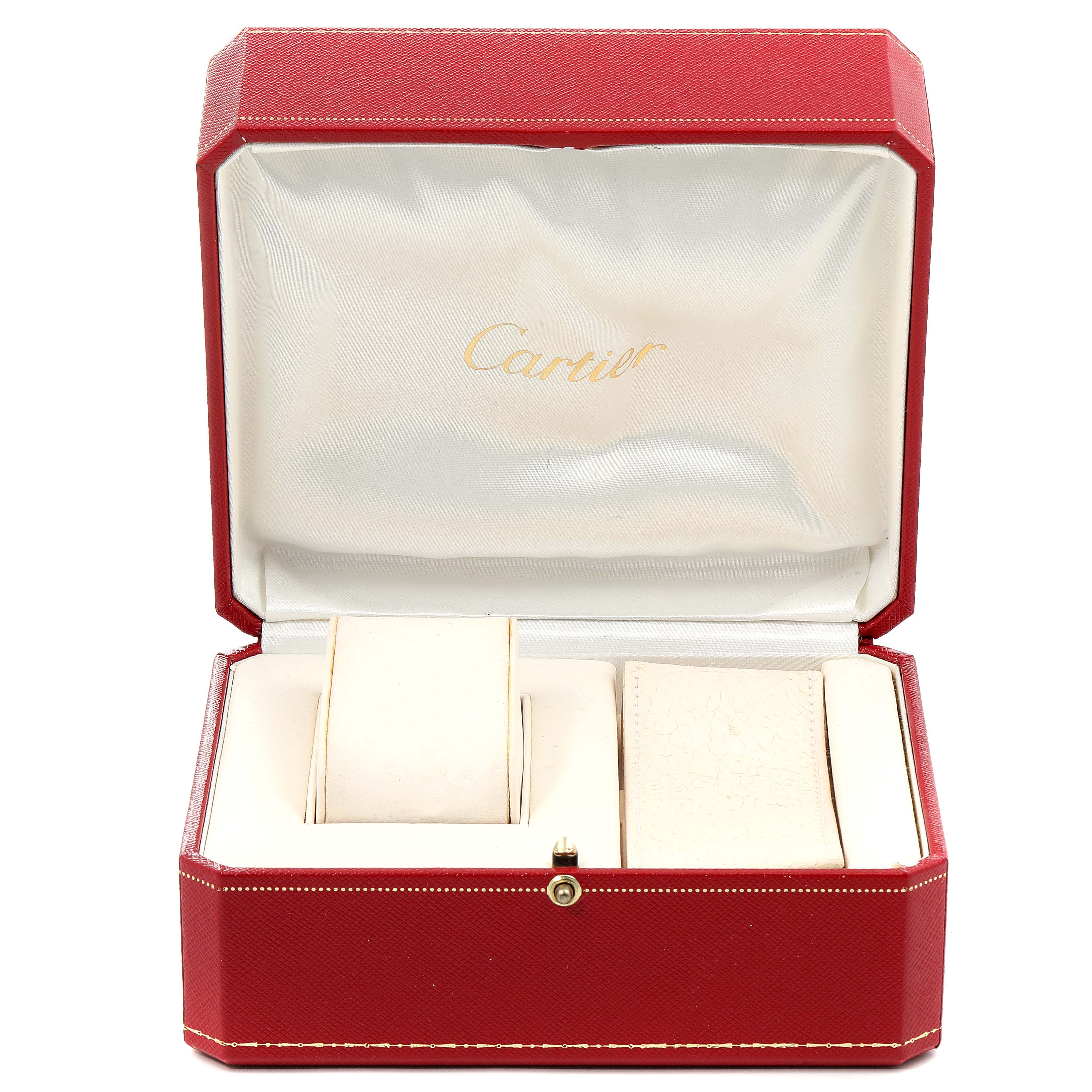 A Cartier Tank Solo W5200013 Women's Stainless Steel Silver Dial W5200013 Women's Stainless Steel Silver Dial watch box is shown, open, revealing its interior compartments.