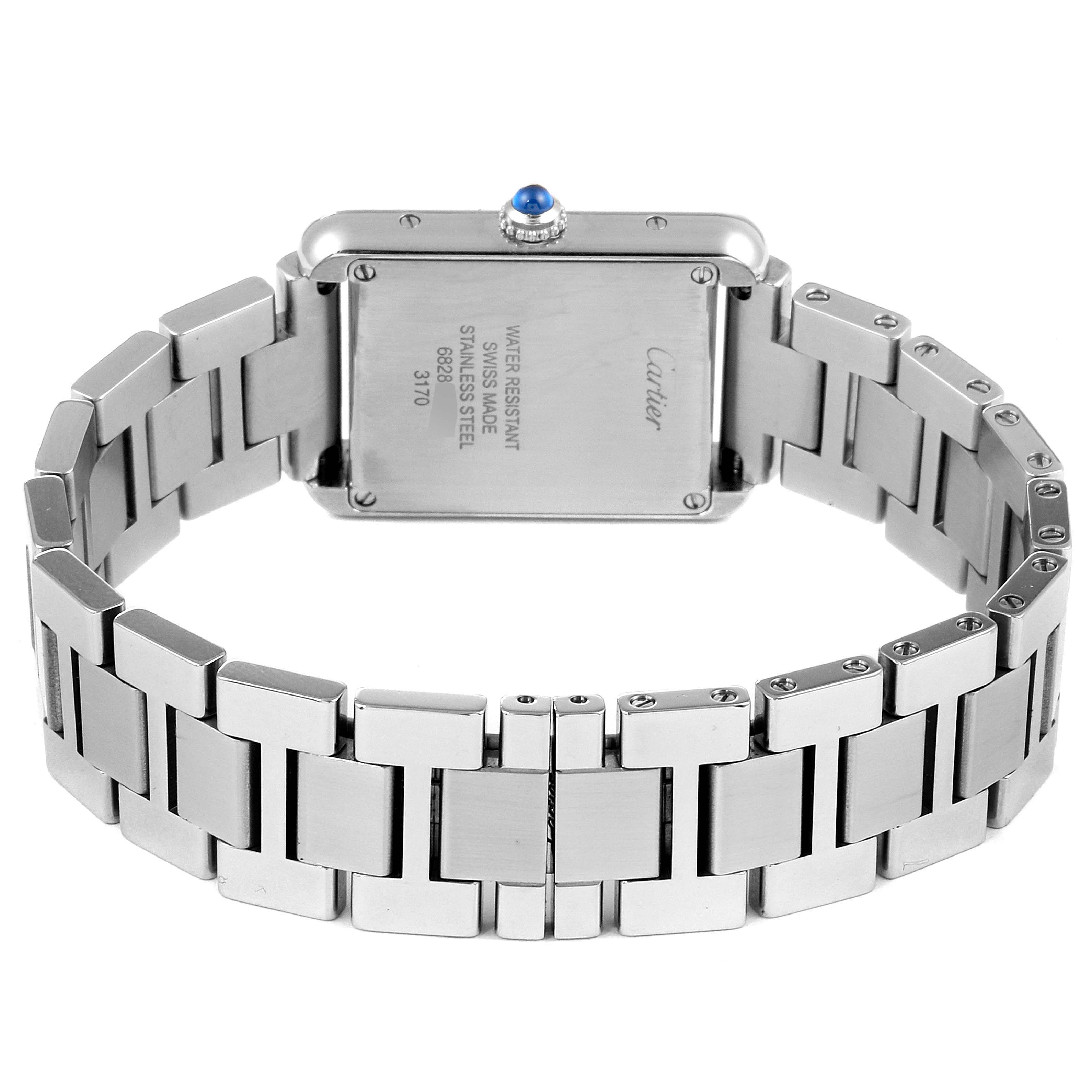 This image shows the back view of the Cartier Tank Solo W5200013 Women's Stainless Steel Silver Dial W5200013 Women's Stainless Steel Silver Dial watch, highlighting the case back and stainless steel bracelet.