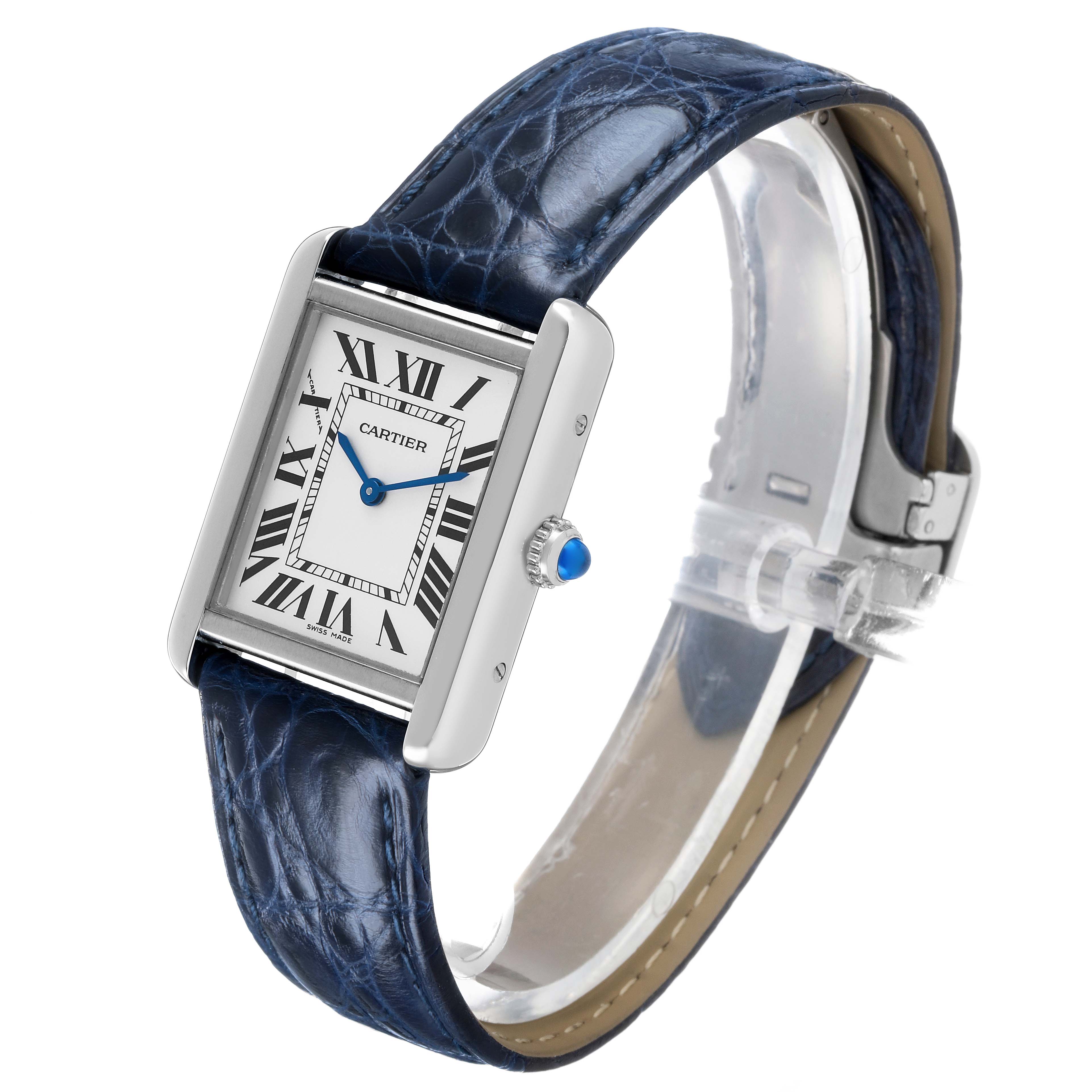 The Cartier Tank Solo WSTA0030 Women's Stainless Steel Silver Dial watch is shown at an angled side view, displaying the face, strap, and crown.