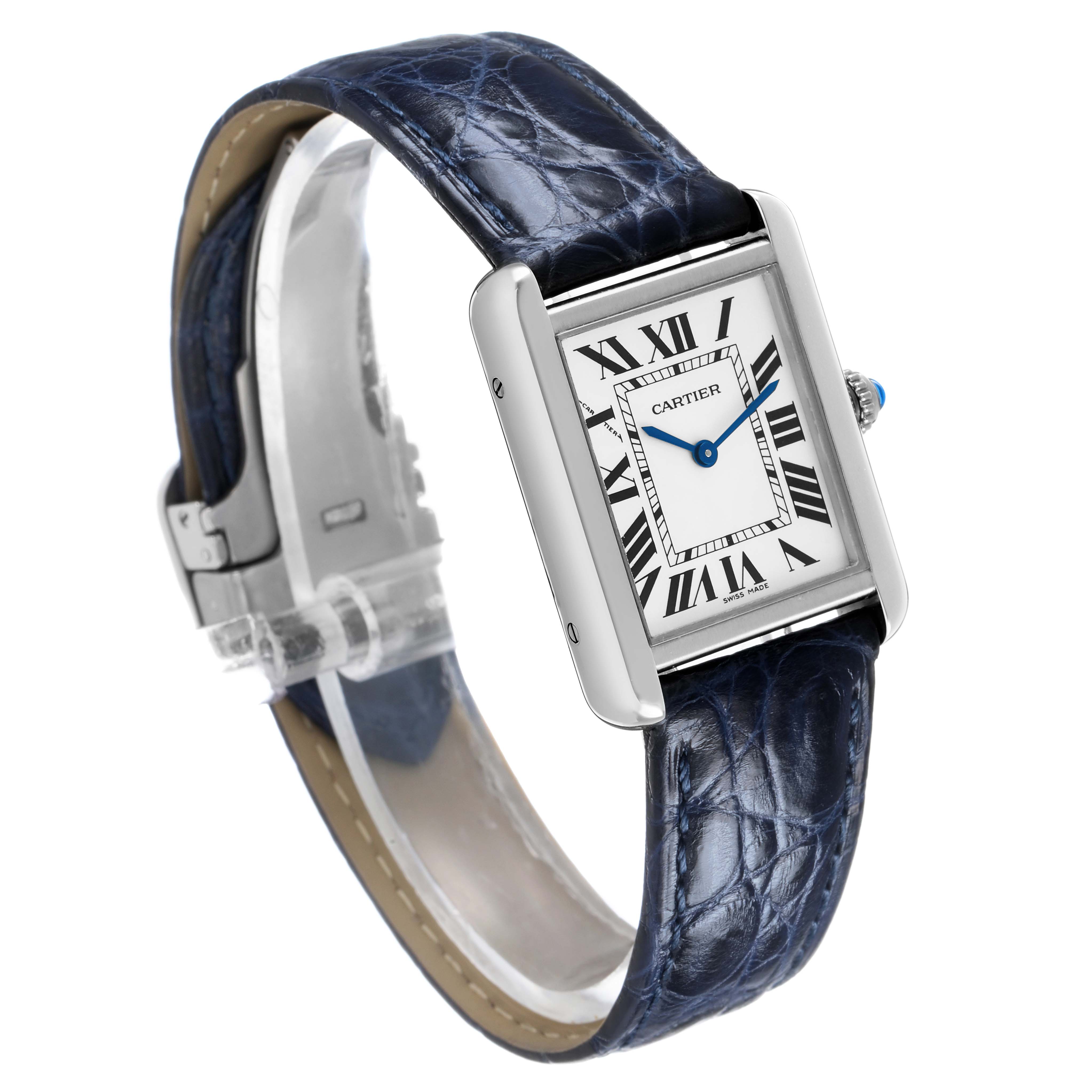 The Cartier Tank Solo WSTA0030 Women's Stainless Steel Silver Dial watch is shown at a slight angle, displaying its face, Roman numerals, and blue leather strap.