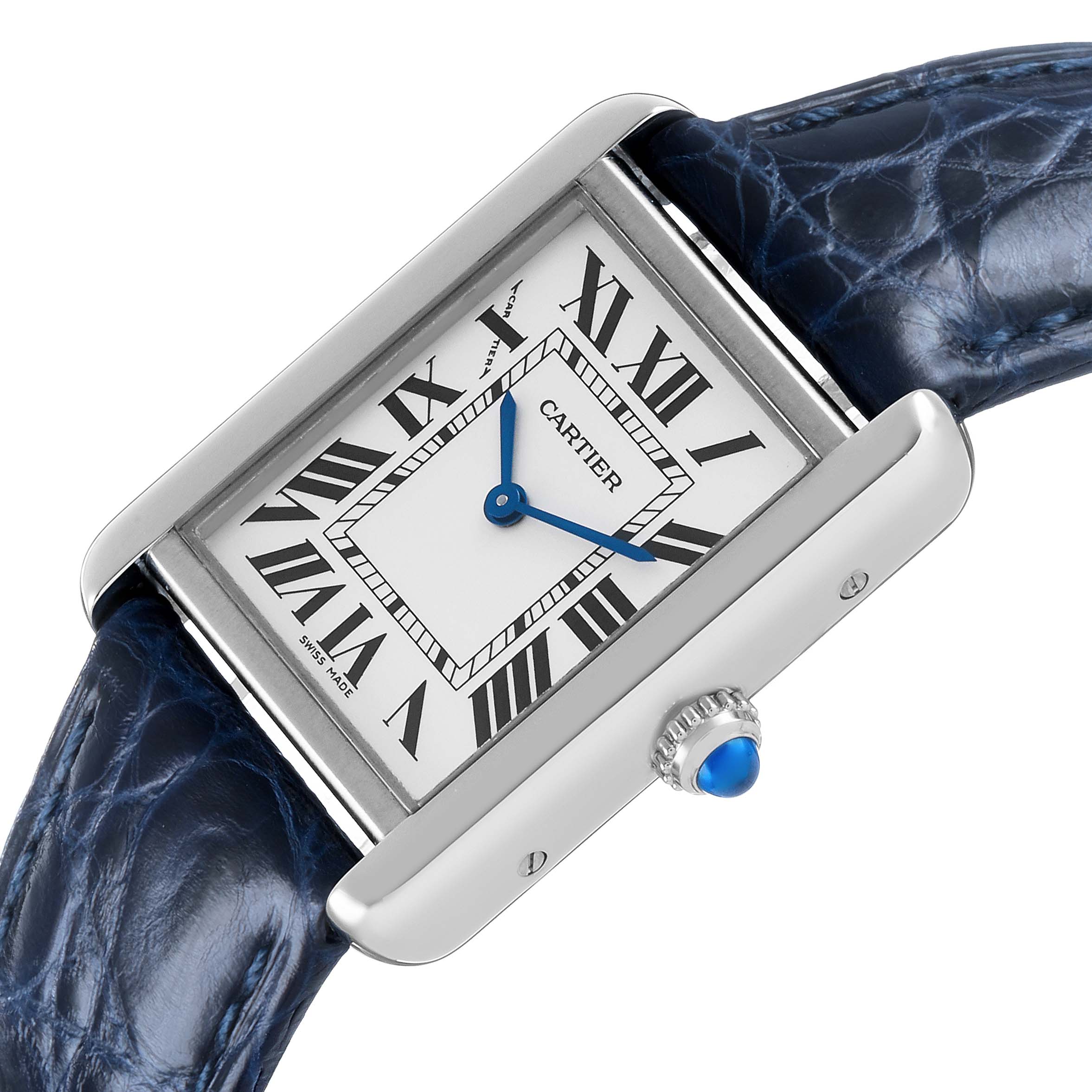 The Cartier Tank Solo WSTA0030 Women's Stainless Steel Silver Dial watch is shown from an angled top view, highlighting the face, Roman numerals, blue hands, and blue leather strap.