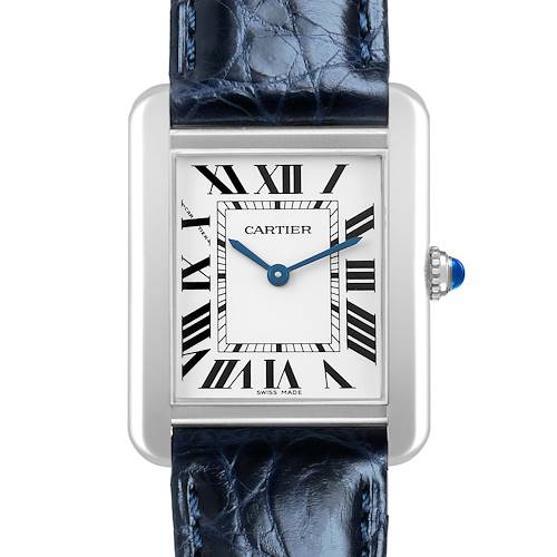The Cartier Tank Solo WSTA0030 Women's Stainless Steel Silver Dial watch is shown from the front, highlighting the face, Roman numerals, blue hands, and the blue strap.